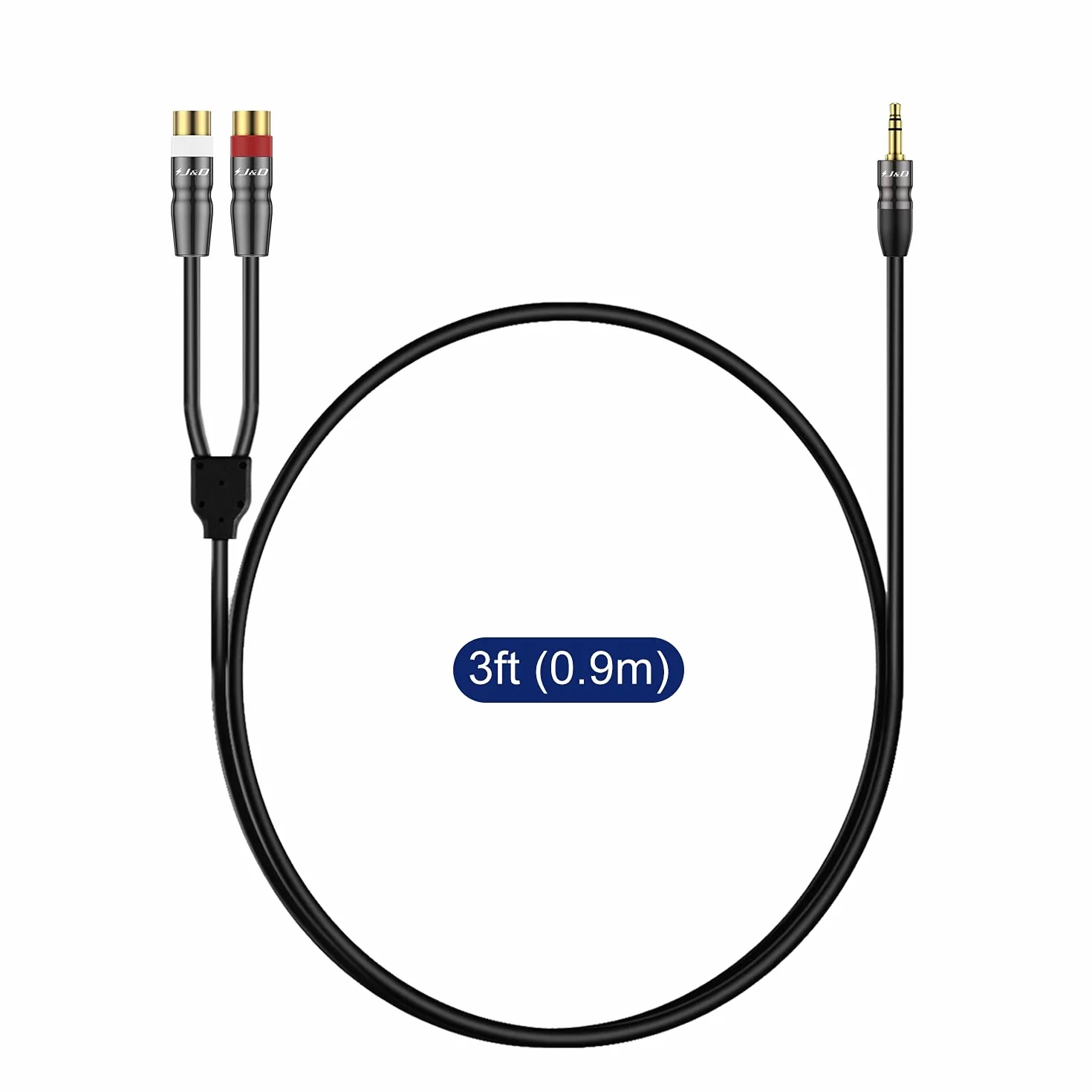 J&D Kabel audio 3,5 mm do Dual RCA, pozłacana miedziana obudowa, 0,9 m