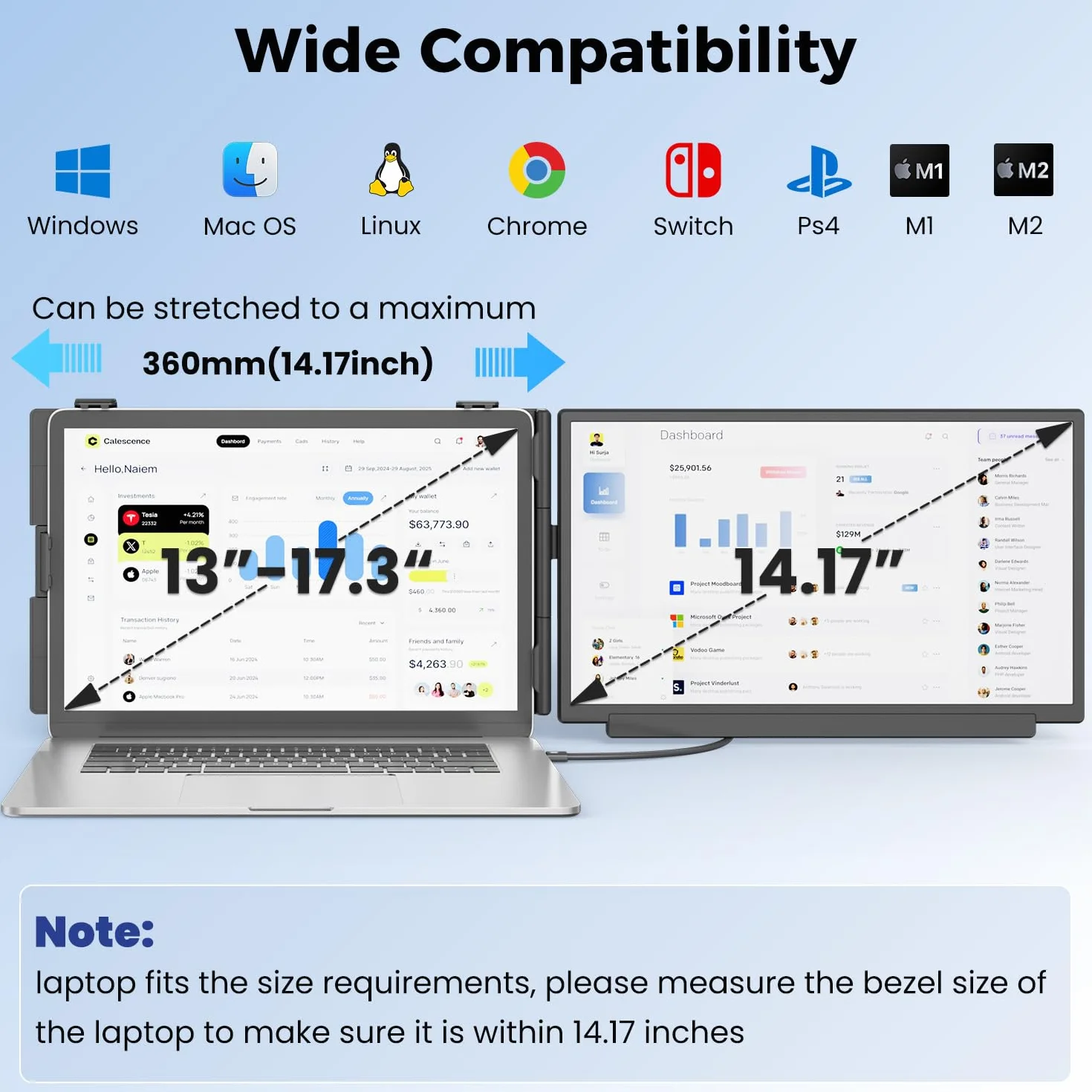 KEFEYA Rozszerzenie ekranu laptopa, FHD 1080p monitor do laptopa z dwoma ekranami, przenośny monitor 15,6" do laptopów o przekątnej ekranu 13-17", z USB C / HDMI, Plug and Play dla Windows/Mac