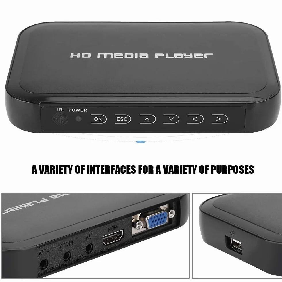 Odtwarzacz multimedialny Full HD HDMI Media Player obsługuje 1080P, kompatybilny z VGA AV USB SD MMC, video/foto/muzyką do RCT TV, monitorów, samochodów
