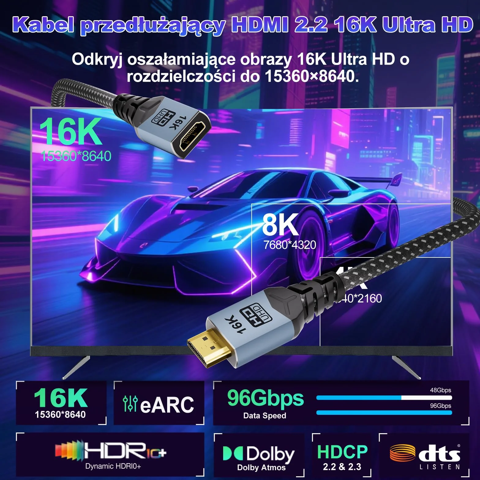2 sztuki Kabel przedłużający HDMI 2.2 CABLAPTOP,2 m,ultra wysoka prędkość 96 Gbps,16K/8K@60Hz 4K@120Hz/480Hz,obsługuje eARC i HDCP 2.3,synchronizuje dźwięk i obraz Ultra HD,adapter męsko-żeński