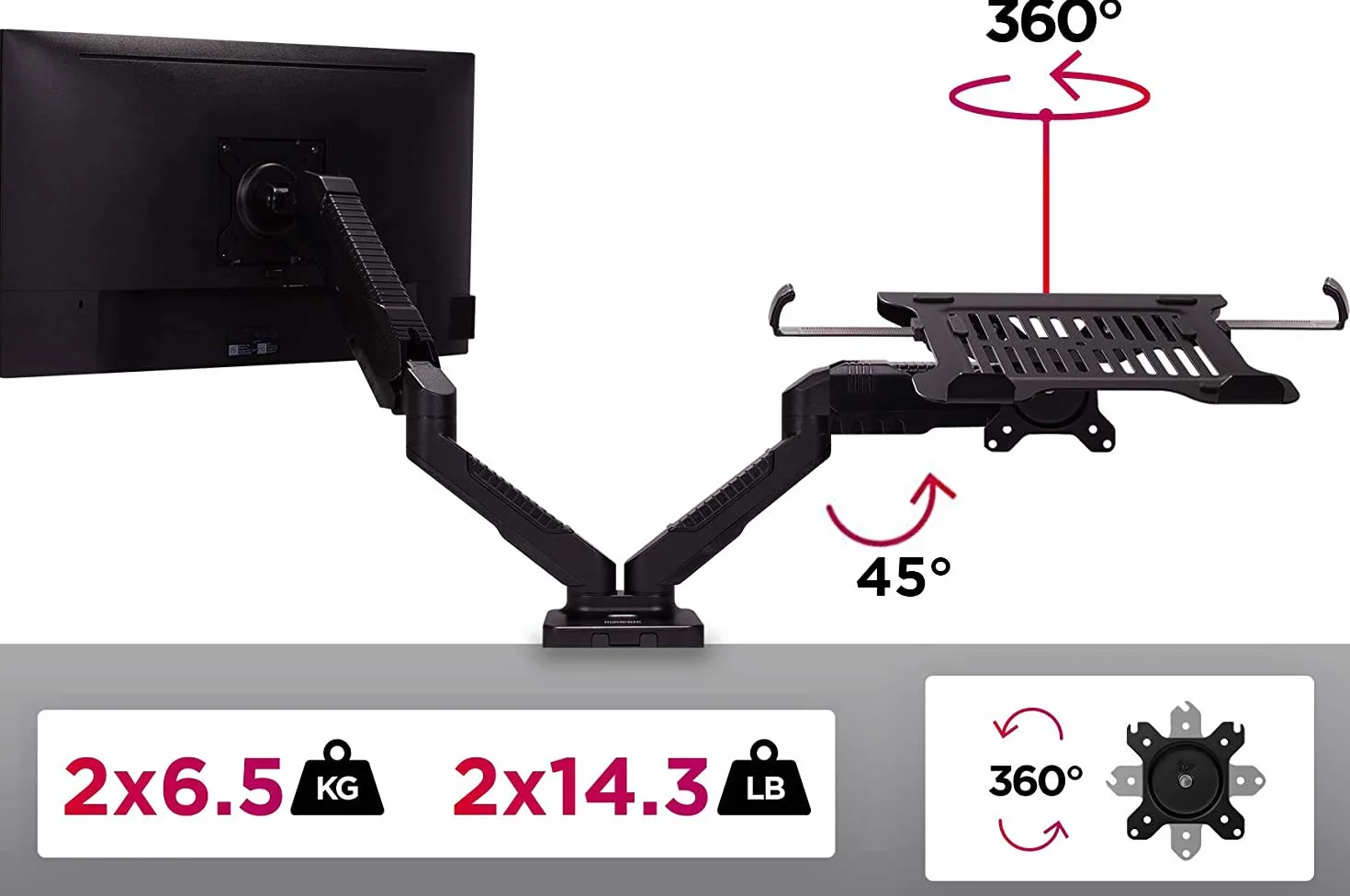 Duronic DMDCL1X1 Uchwyt monitor i laptop 2x 6,5 kg gazowy do 6,5 kg, VESA 75 lub VESA 100, uchwyt do laptopa, podstawka do laptopa i monitora, regulacja monitora, 13-24 cali