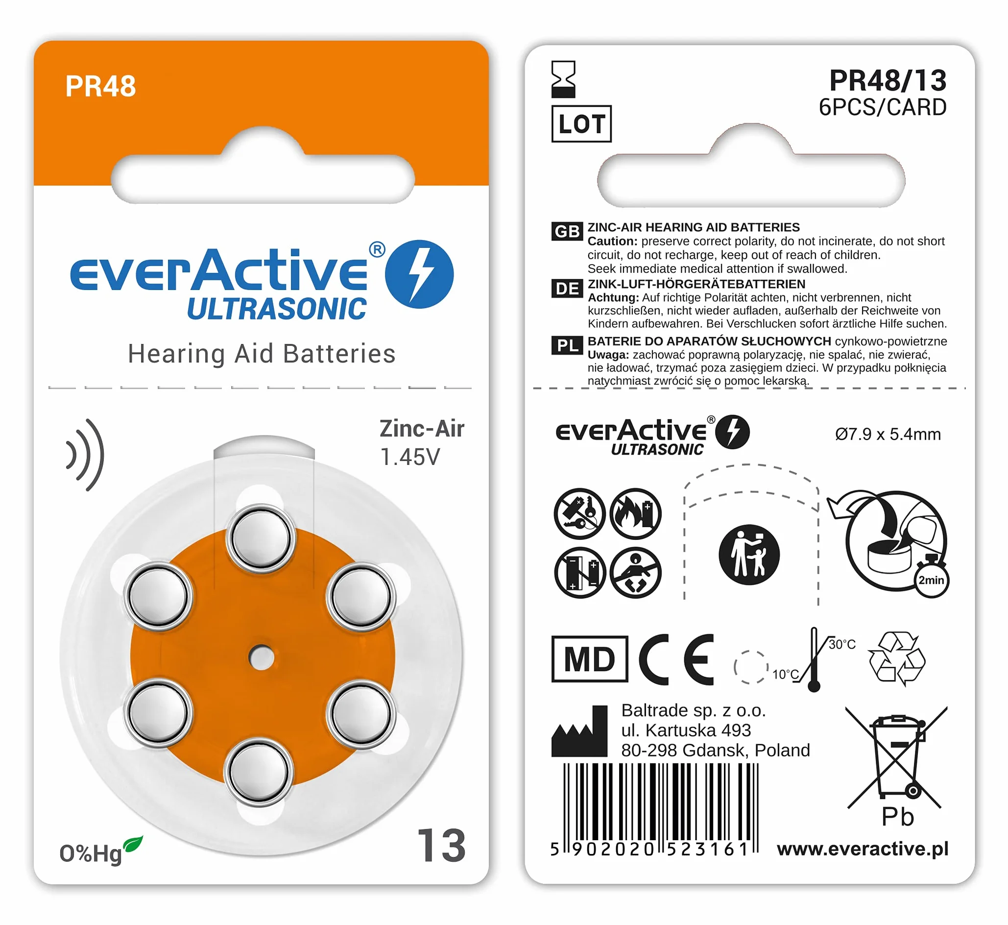 everActive Ultrasonic PR48 baterie cynkowo-powietrzne do aparatów słuchowych 60 sztuk