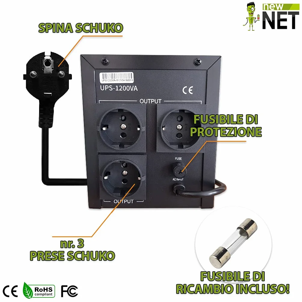 new net ® ups/Stabilizator prądu i napięcia dla PC Monitor DVR kamery światłowodowe router alarm modem z wyświetlaczem [ 1200 VA - 700 W - 3 gniazda Schuko ]