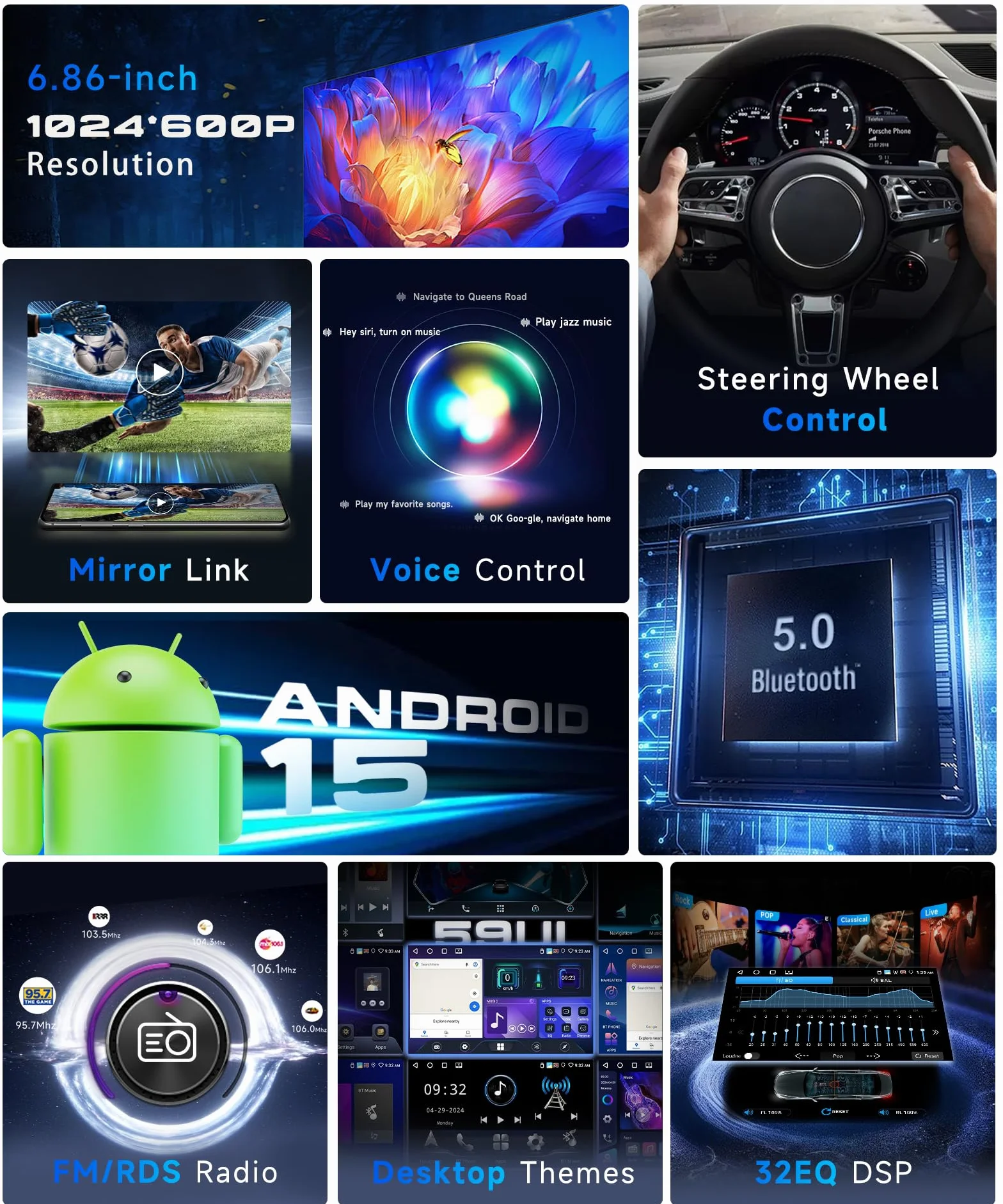 VECHTEL 4+64G Autoradio Android 15 dla Jeep Grand Cherokee Wrangler/Chrysler Grand Voyager 300M PT Cruiser/Dodge RAM 1500 2500, 6,86'' Ekran z Carplay Android Auto GPS Wi-Fi Bluetooth FM RDS Kamera