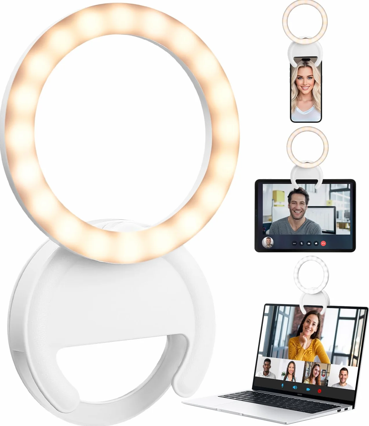 Ring Light Telephone biały, regulowana temperatura barwowa 3000 K - 7000k, 5-biegowa regulowana jasność, do selfie, laptopa/tabletu, Youtube, Tiktoka, wideo