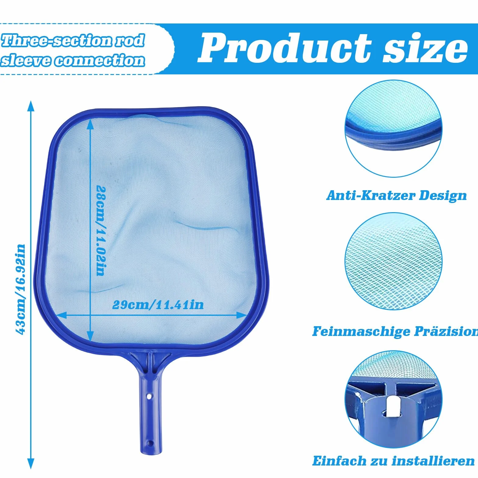 Podbierak do basenu z drążkiem teleskopowym: 155 cm, skimmer basenowy, podbierak do czyszczenia stawu, podbierak do basenu, spa, stawów, jacuzzi