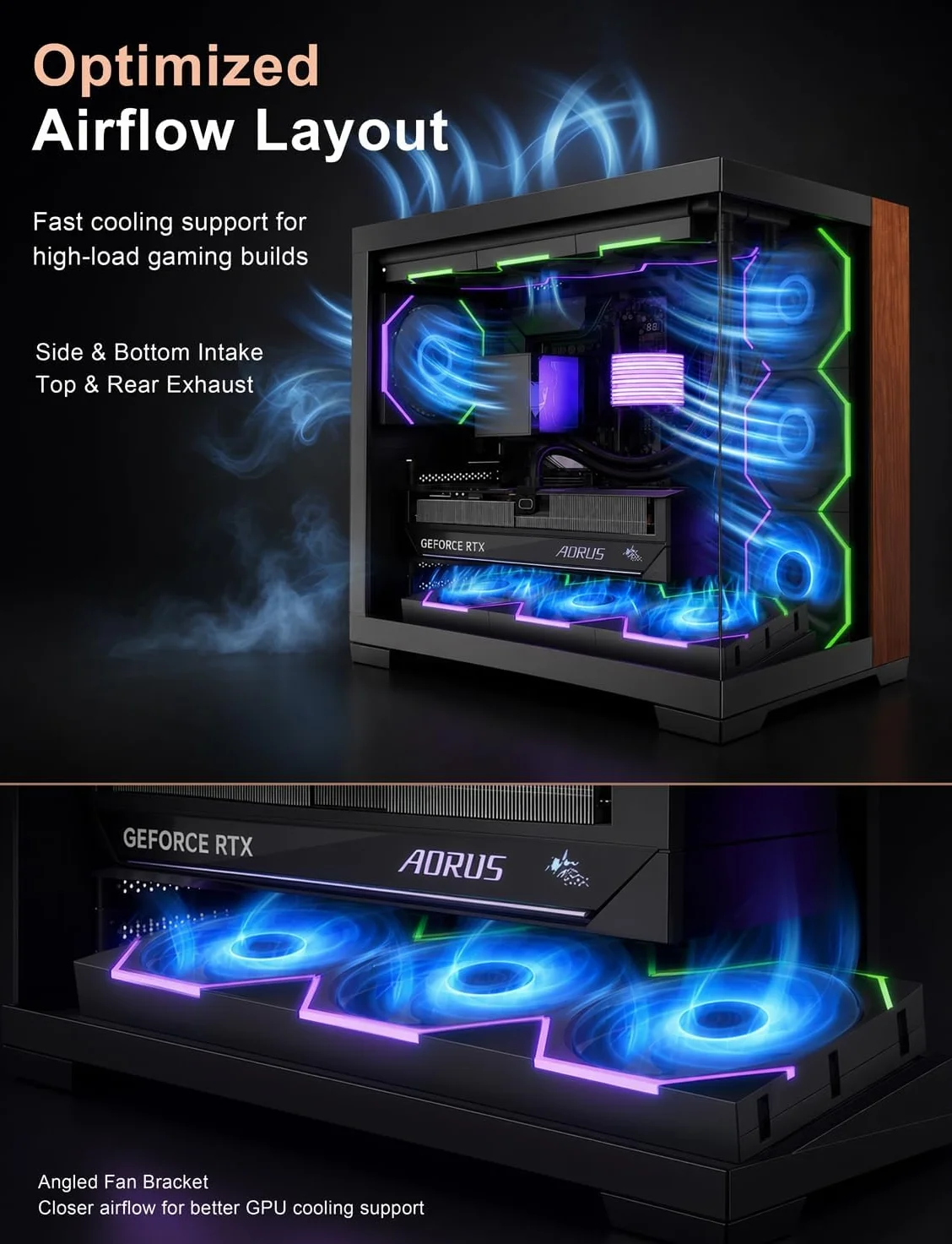 AsiaHorse Scutum Ultra ATX obudowa PC, Panorama Mid Tower z 6 wentylatorami Nyota Pro Reverse ARGB i koncentratorem Umbra, Back-Connect ATX, drewniany akcent, grzejnik 360 mm, typ C 20 Gbps, czarna
