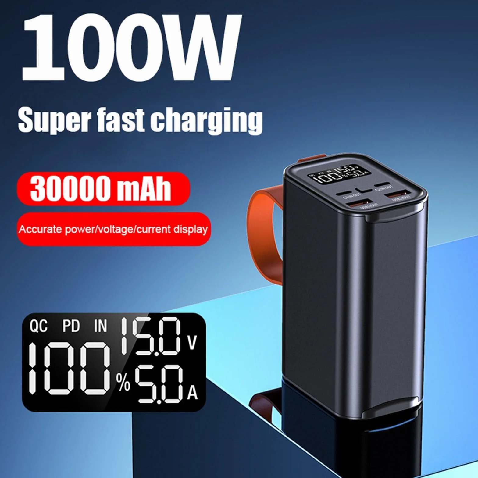Przenośny Power Bank z diodą LED, wejście/wyjście PD 100 W, bateria o dużej pojemności 30000 mAh, do telefonów komórkowych i tabletów,Black