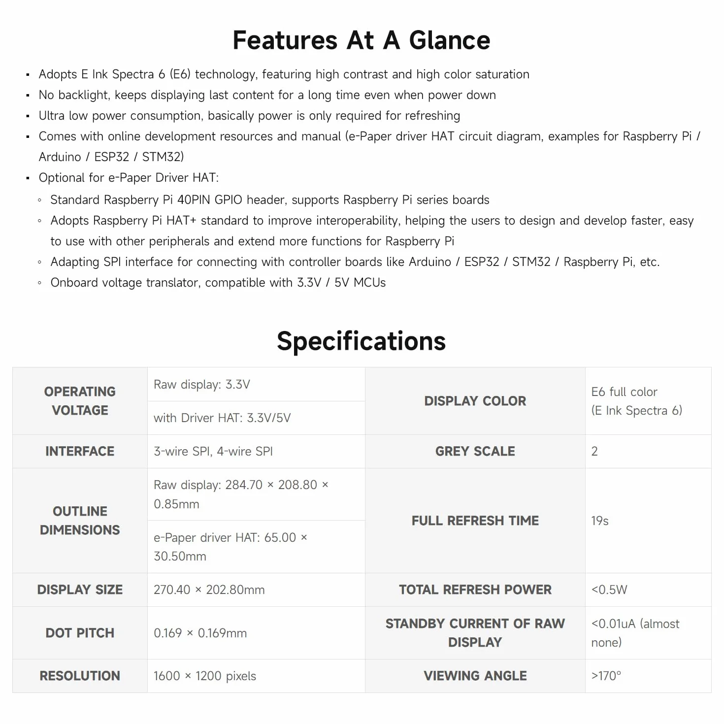 Waveshare 13.3inch E Ink Spectra 6 (E6) Full Color E-Paper Raw Display without Driver Board, 1600x1200 Pixels, SPI Communication, E-Ink Raw Display