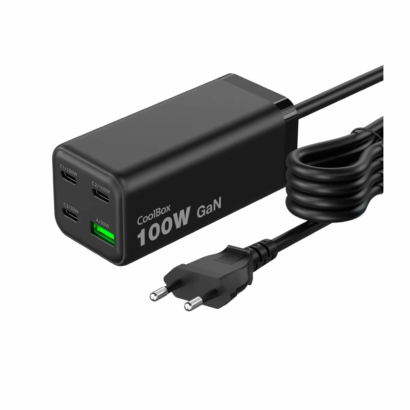 CoolBox Ładowarka 100 W USB C GAN, szybkie ładowanie 4 porty (3 porty USB-C + USB-A), Power Delivery PPS, kompatybilna z MacBookiem, iPadem, iPhone 17/16/15, Samsung Galaxy, Pixel i Steam Deck