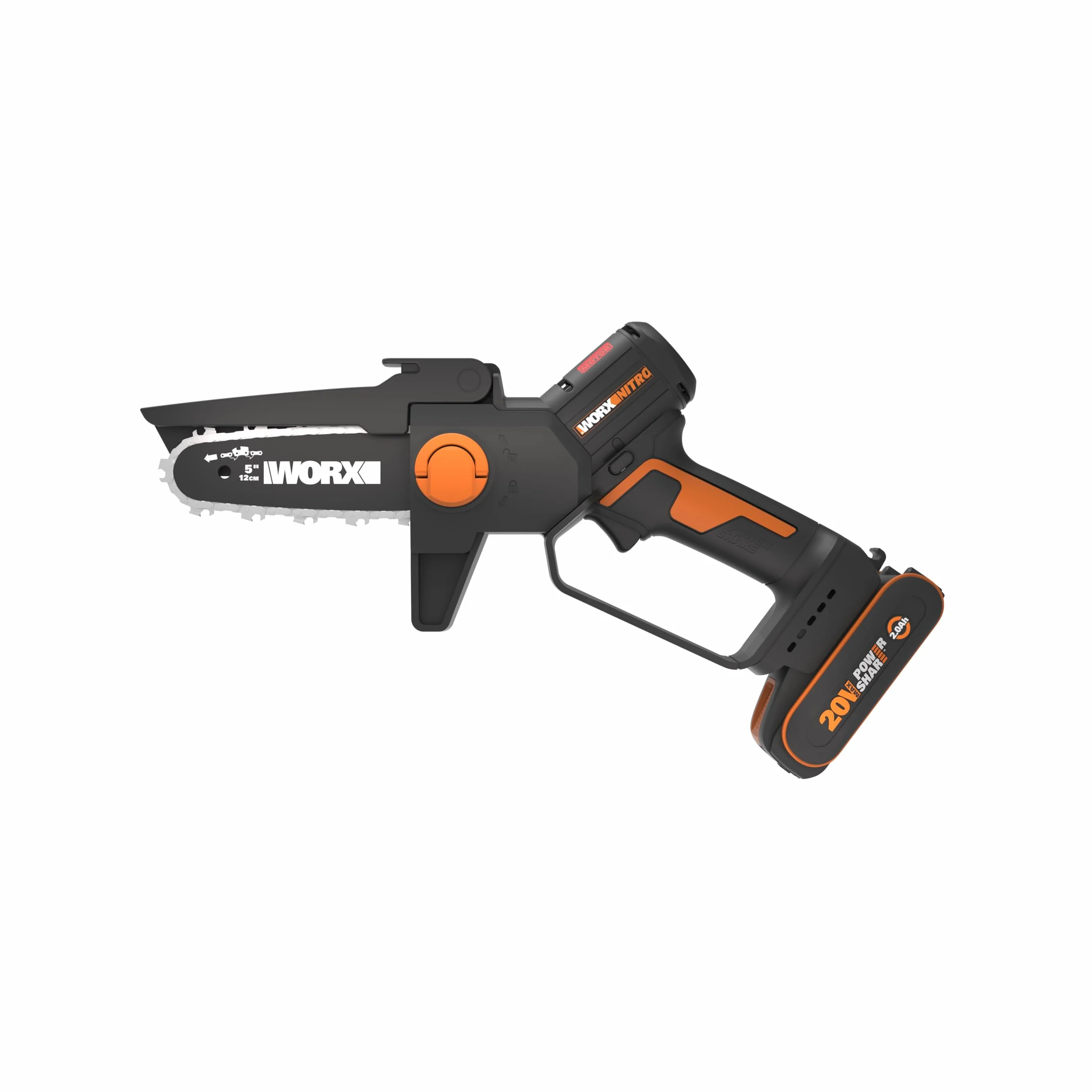 WORX WG325E Nitro profesjonalna mini akumulatorowa piła łańcuchowa 20 V – jednoręczna piła do gałęzi – mocny silnik bezszczotkowy – długość cięcia 12 cm – lekka i kompaktowa – automatyczne smarowanie