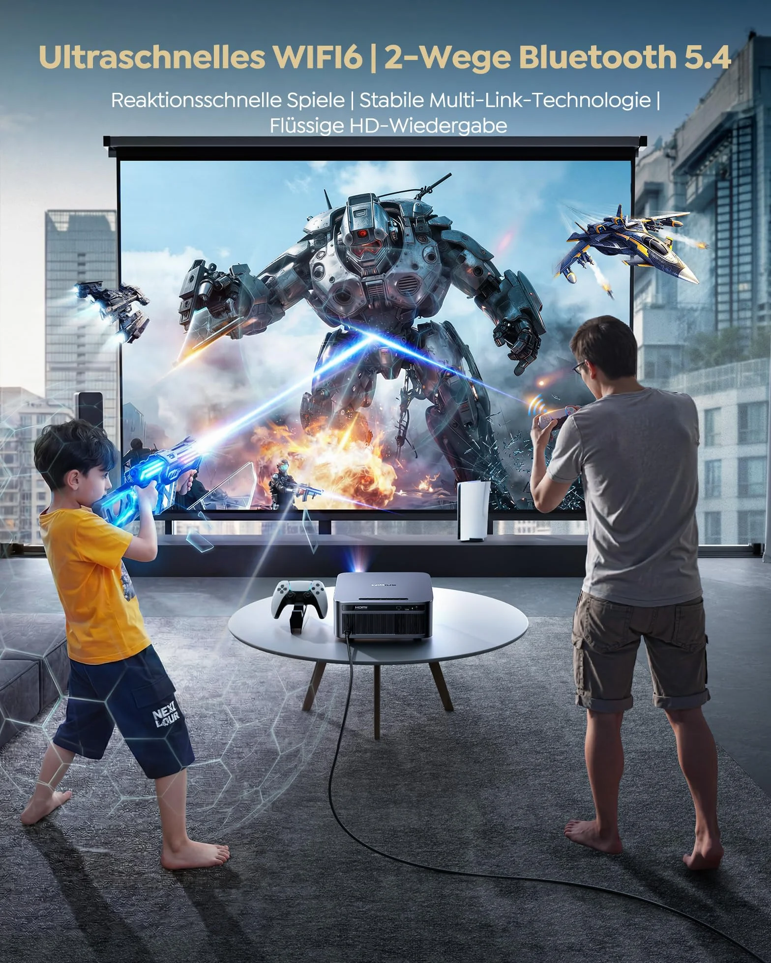 Projektor 4K | Jasność 2200 ANSI |Google TV 14.0 Zintegrowany | Dolby Audio 40W | Projektor natywny FHD 1080P, automatyczne ustawianie ostrości i kalibracja AI, 2+32 GB, HDMI 2.1, MEMC HDR10 do kina