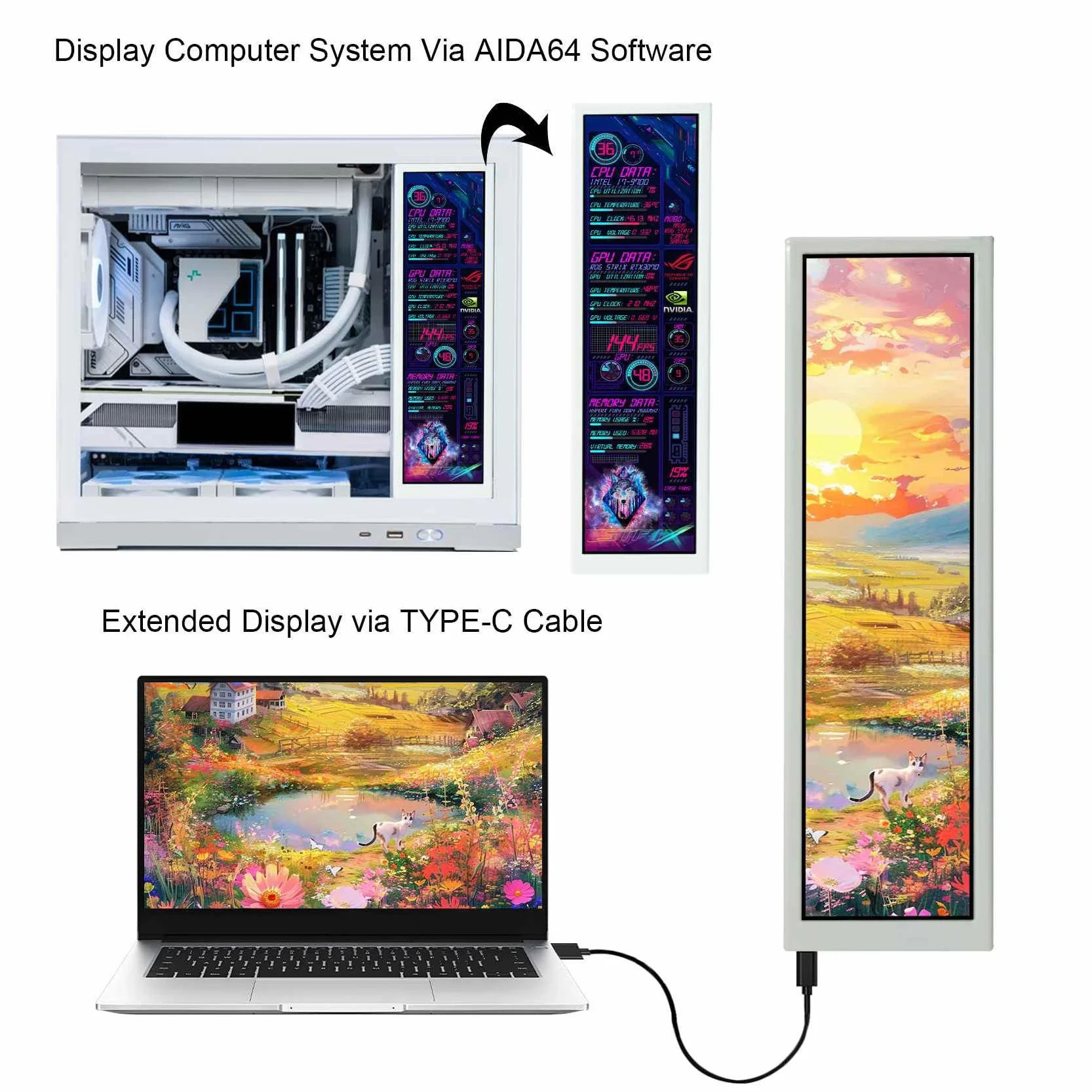 VSDISPLAY 22.4 cm 8,8" 1920x480 600 nit IPS biały monitor LCD | USB 9-pinowy port wideo USB, do samodzielnego montażu ekranu podrzędnego/wyświetlacza obudowy komputera