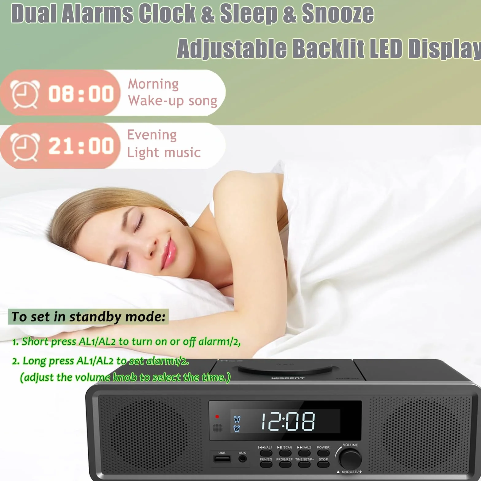 Zestaw stereo kompaktowy domowy system stereo, odtwarzacz CD z Bluetooth, radio FM, wejście Aux-In, odtwarzanie USB, zegar cyfrowy, podwójny budzik, odtwarzacz CD do domu