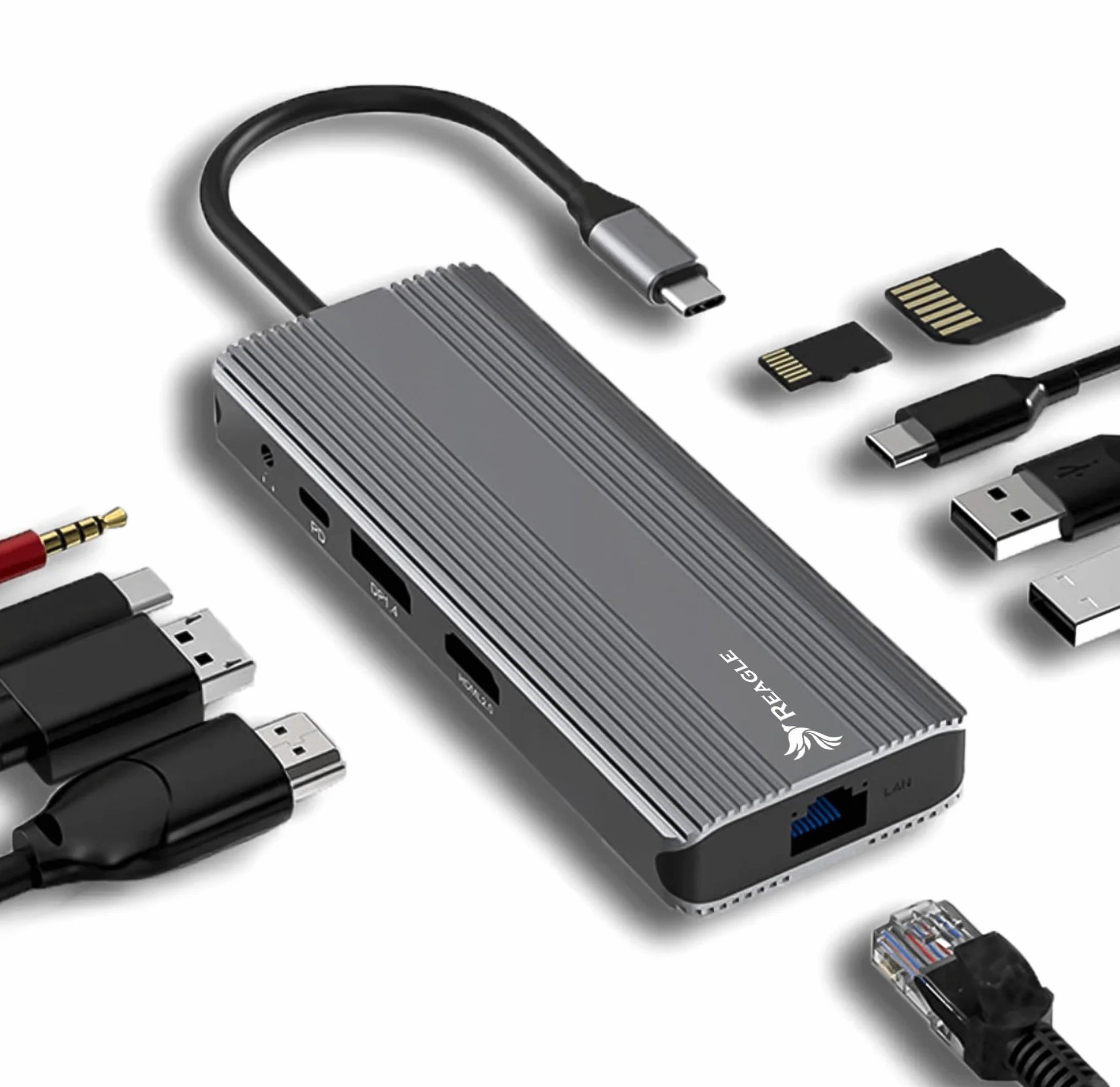 Reagle HUB USB-C 10 w 1 DisplayPort 1.4 HDMI 2.1 8K 30 Hz 4K 144 Hz 5 Gbit/s Display Port Power Delivery 100 W kabel nylonowy oplot powlekany Plug & Play (13 cm)