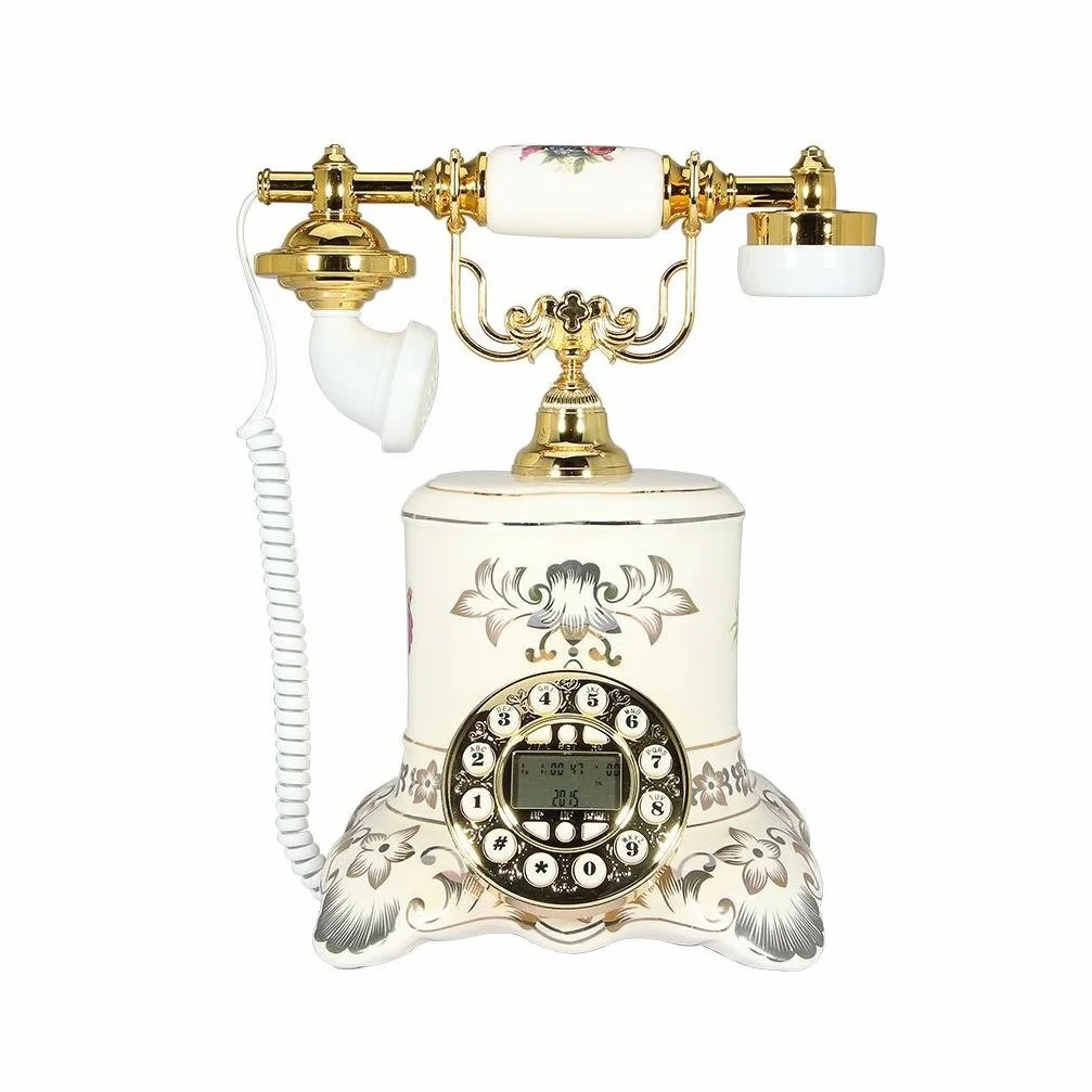 Telefon w stylu retro/antycznym/telefon z wybieraniem klawiszy/z funkcją głośnomówiącą i identyfikacją dzwoniącego, przewodowy telefon z ceramiki i mosiądzu, stacjonarny telefon stacjonarny