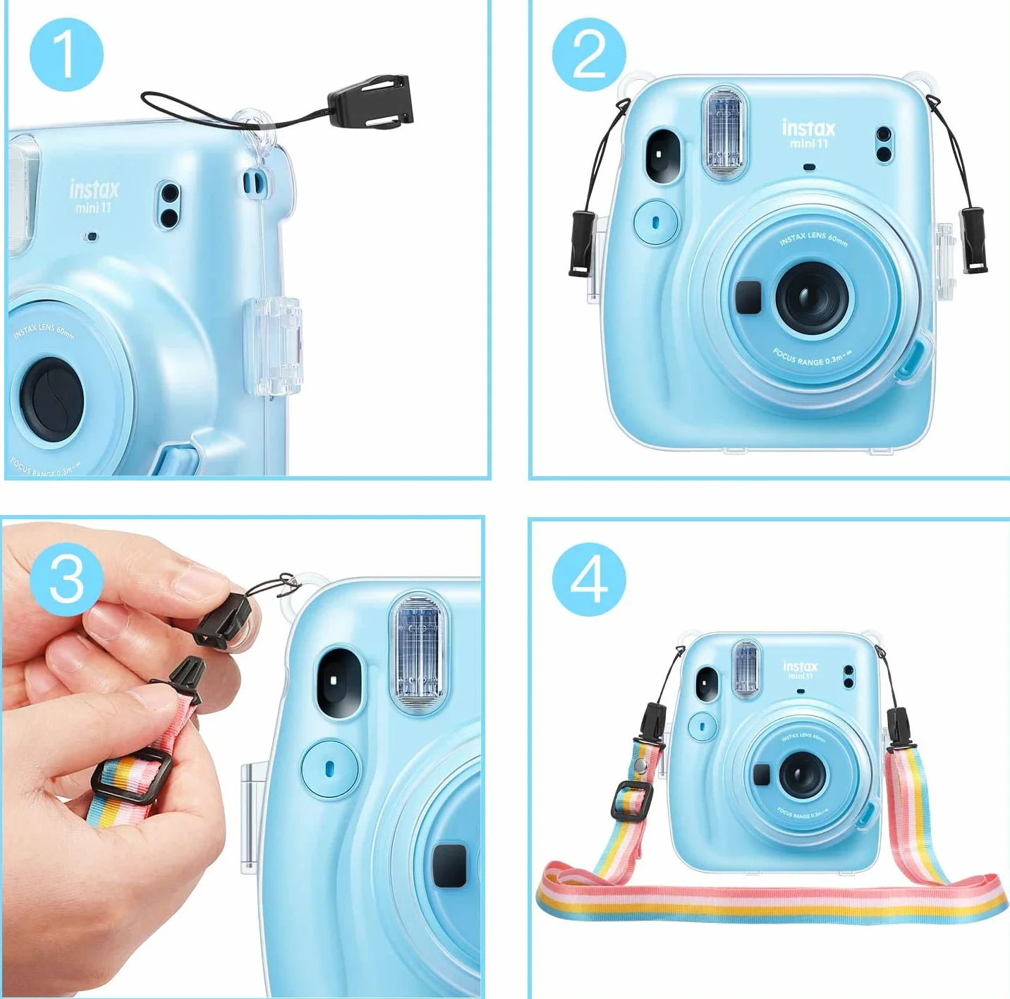 FINTIE Przezroczyste etui ochronne do aparatu Fujifilm Instax Mini 11 Instant Film - Krystalicznie twarda osłona PCW ze zdejmowanym tęczowym paskiem na ramię, przezroczyste