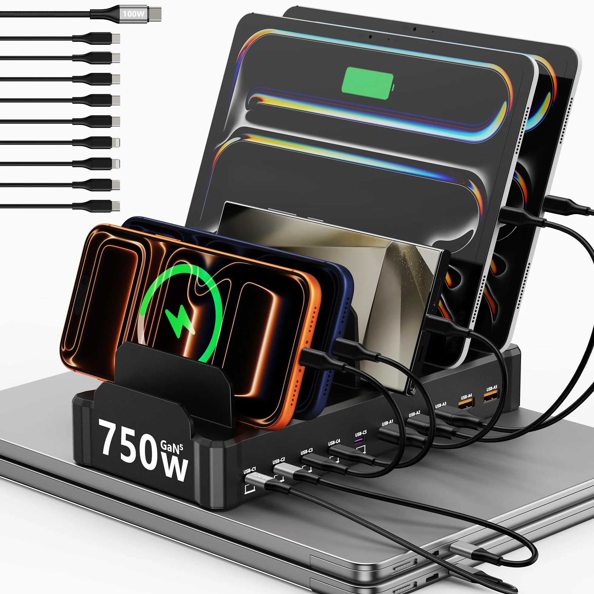 Stacja ładująca 750 W do wielu urządzeń, zobirez 10-portowa szybka ładowarka, 5 USB-C 120 W każdy i 5 USB-A 30 W każdy, pulpit ładowania do laptopa, telefonu, tabletu, czarna