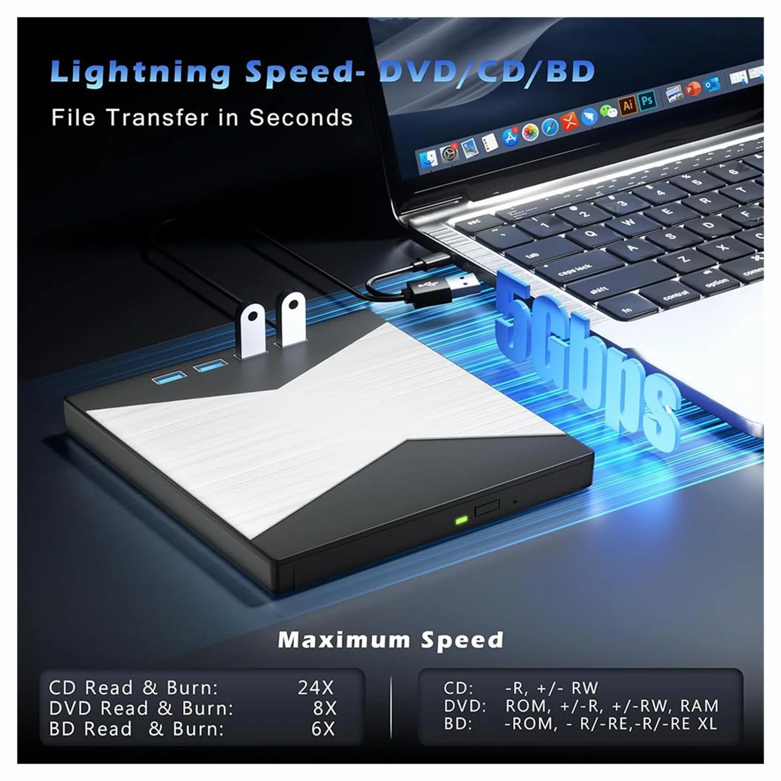 Odtwarzacz DVD, Zewnętrzny napęd Blu-Ray 4K Blu-ray Player do laptopa USB 3.0 /CD/DVD RW Reader Burner