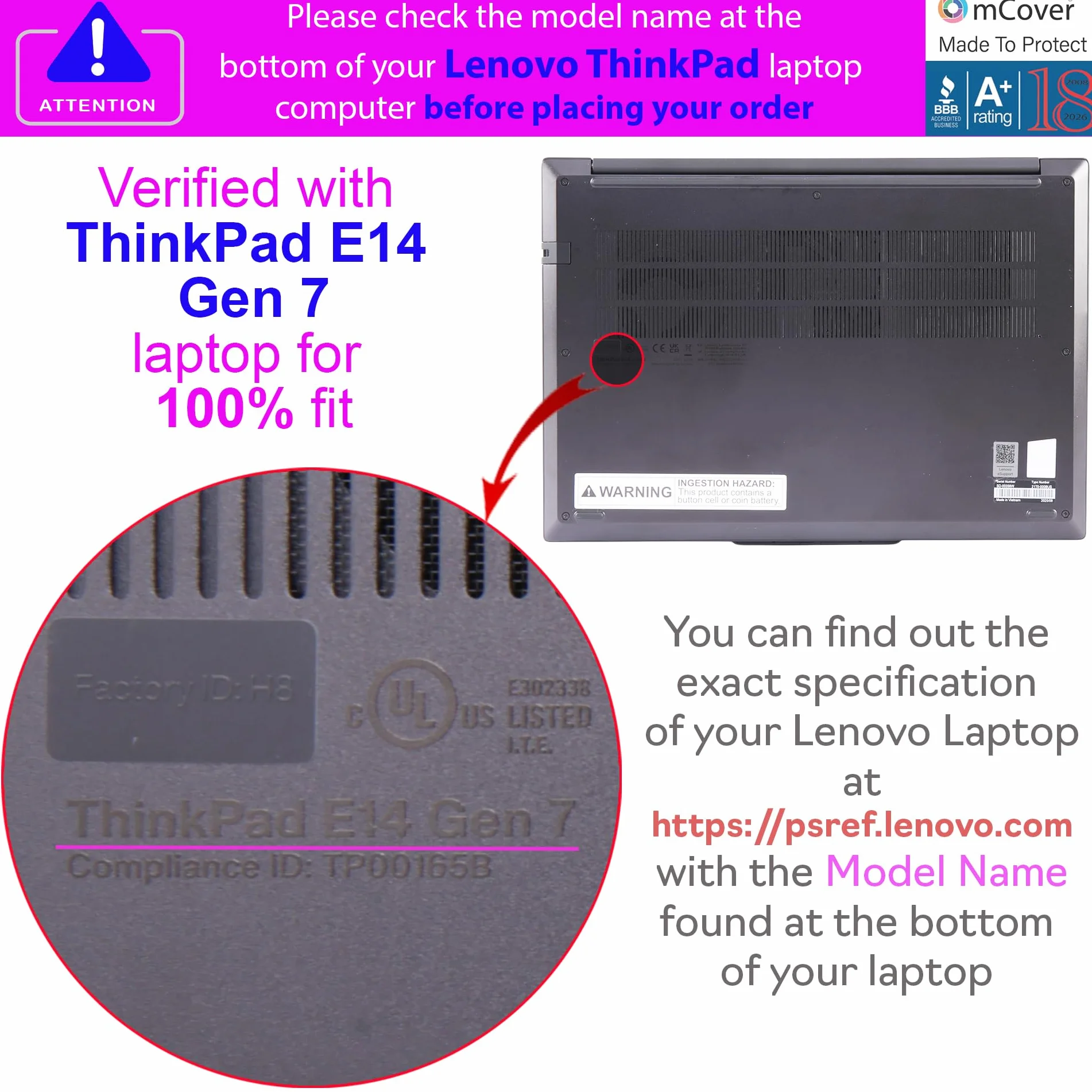 mCover Twarde etui kompatybilne tylko z notebookiem z systemem Windows 2025-2027 35.6 cm Lenovo ThinkPad E14 Gen 7/8 (z zawiasem 180°, nie pasuje do innych modeli Lenovo), różowe
