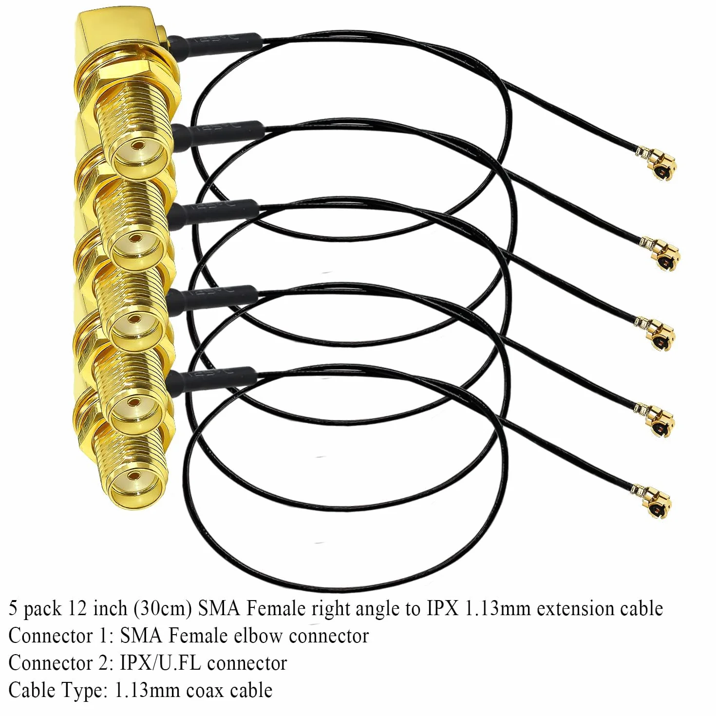 TUOLNK Gniazdo SMA kątowe do U.FL IPX kabel koncentryczny IPX UFL do gniazda SMA, łokieć RF, przedłużacz anteny WiFi, do karty sieciowej, router bezprzewodowy, 30 cm, 5 sztuk