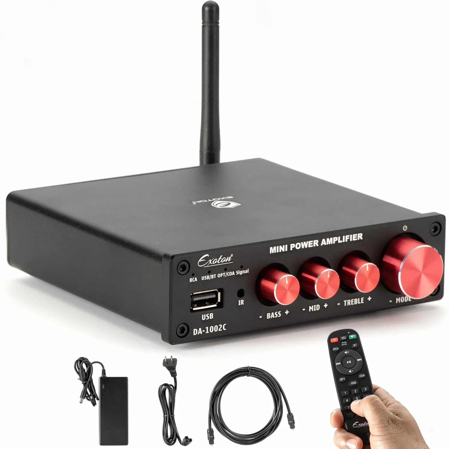 EXOTON 2-kanałowy wzmacniacz audio stereo Bluetooth 5.0, wbudowany mini wzmacniacz Hi-Fi klasy D 2.0 CH do głośników pasywnych, 100 W x 2 z regulacją basów i wysokich tonów