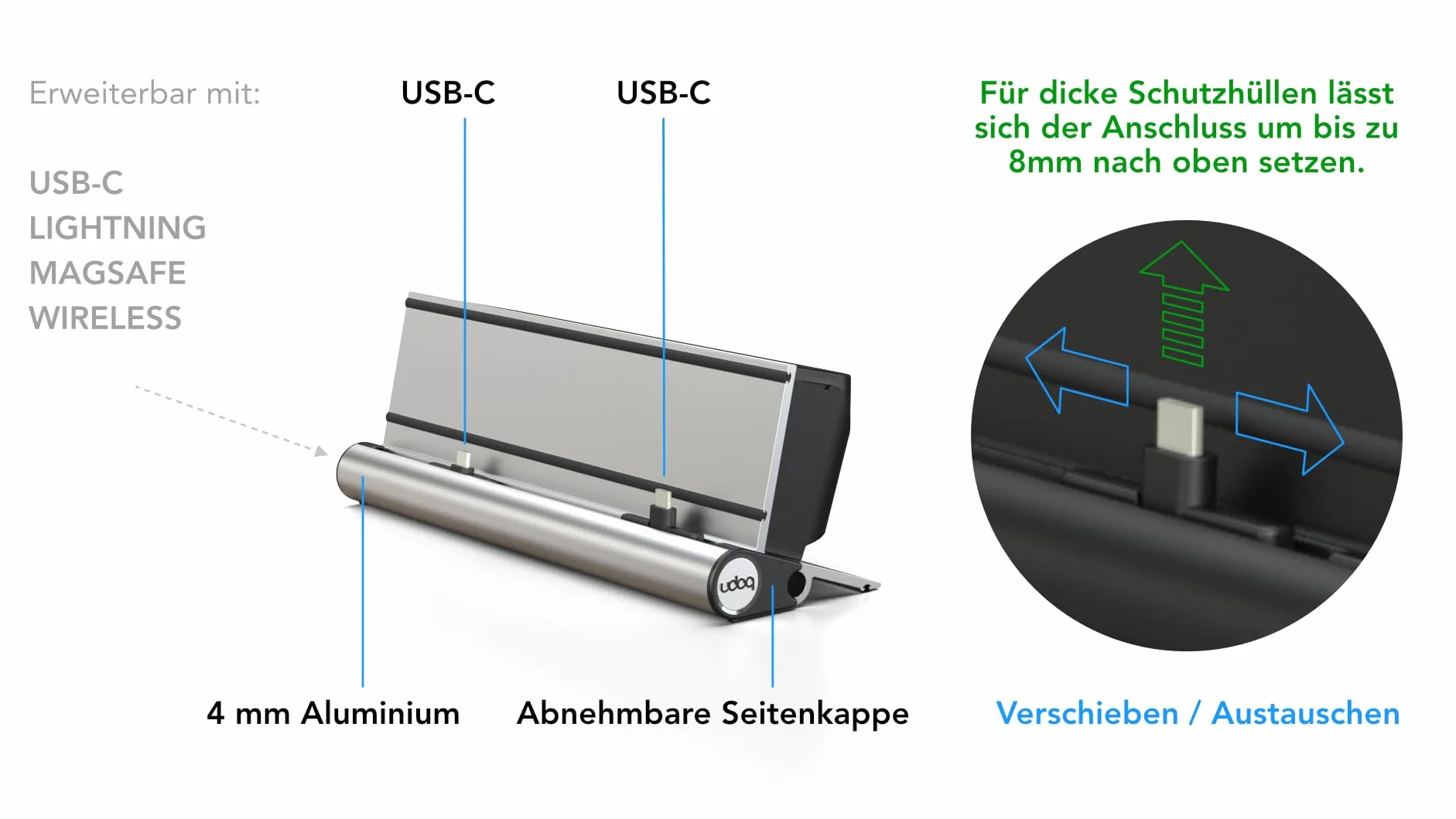 Aluminiowa stacja ładująca z 2 portami USB-C, udoq 250, z kablem do szybkiego ładowania i ładowarką Power Delivery Charger, srebrna