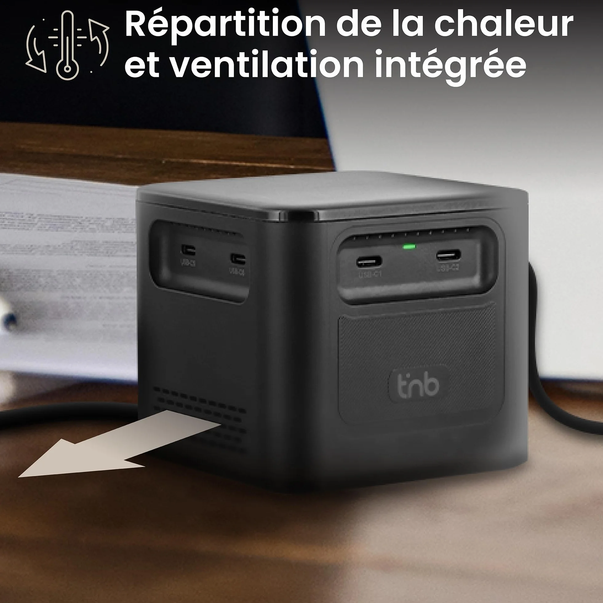 T'nB - Stacja ładująca z 8 portami ładującymi, technologią PD 3.1, 380W, 6 portów USB-C i 2 portami USB-A, kompaktowy format - czarny