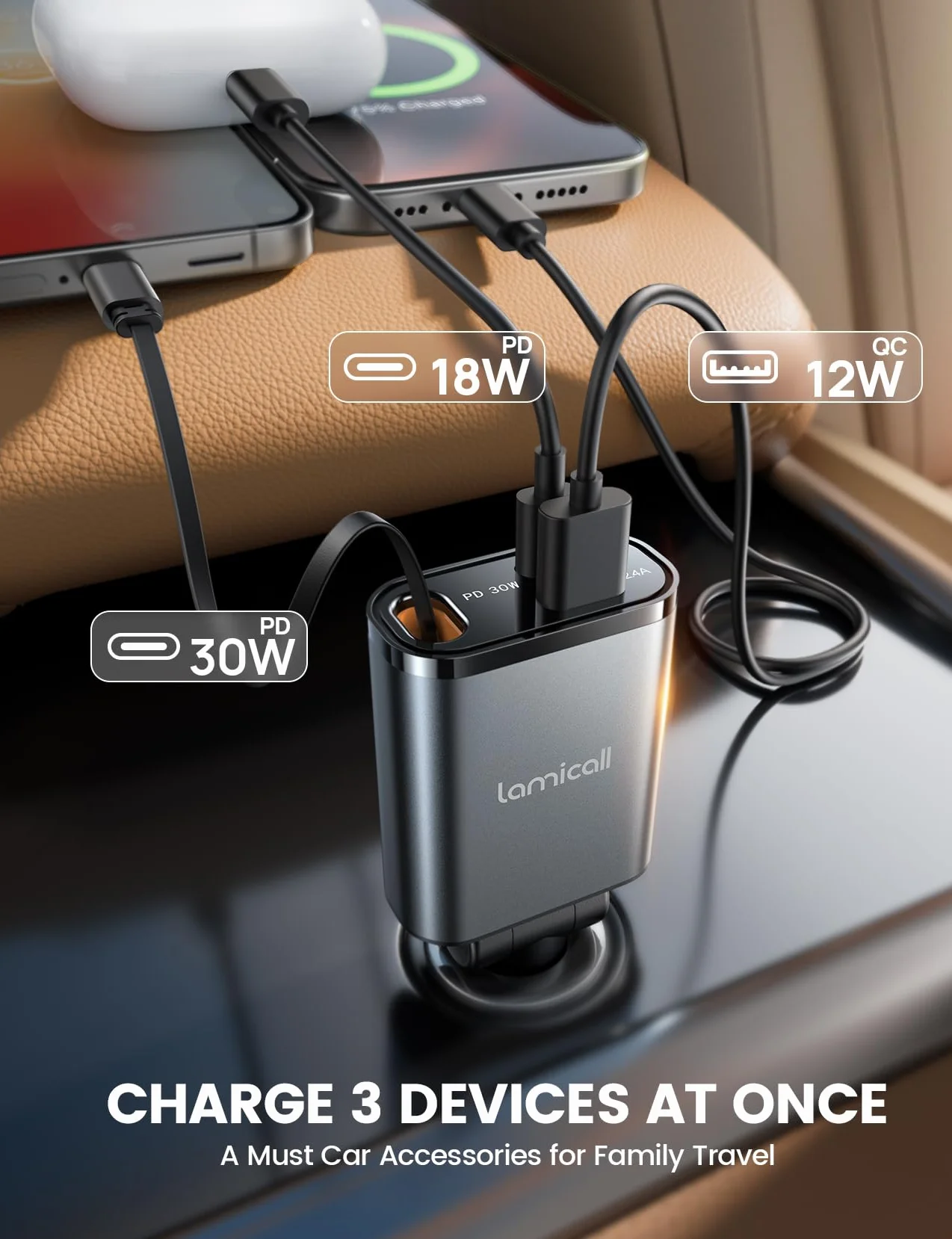Lamicall Wysuwany adapter ładowarki samochodowej 50 W, 3 w 1 z wysuwanym kablem USB