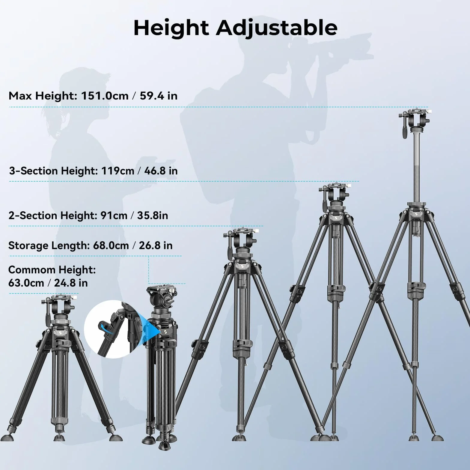 SMALLRIG Statyw wideo AD-50Pro Heavy Duty, lekki statyw z włókna węglowego z jednostopniową regulacją wysokości FreeSpeed, głowicą płynną, dwutrybową płytą QR, wagą 7 funtów, do 13,2 funta-4420