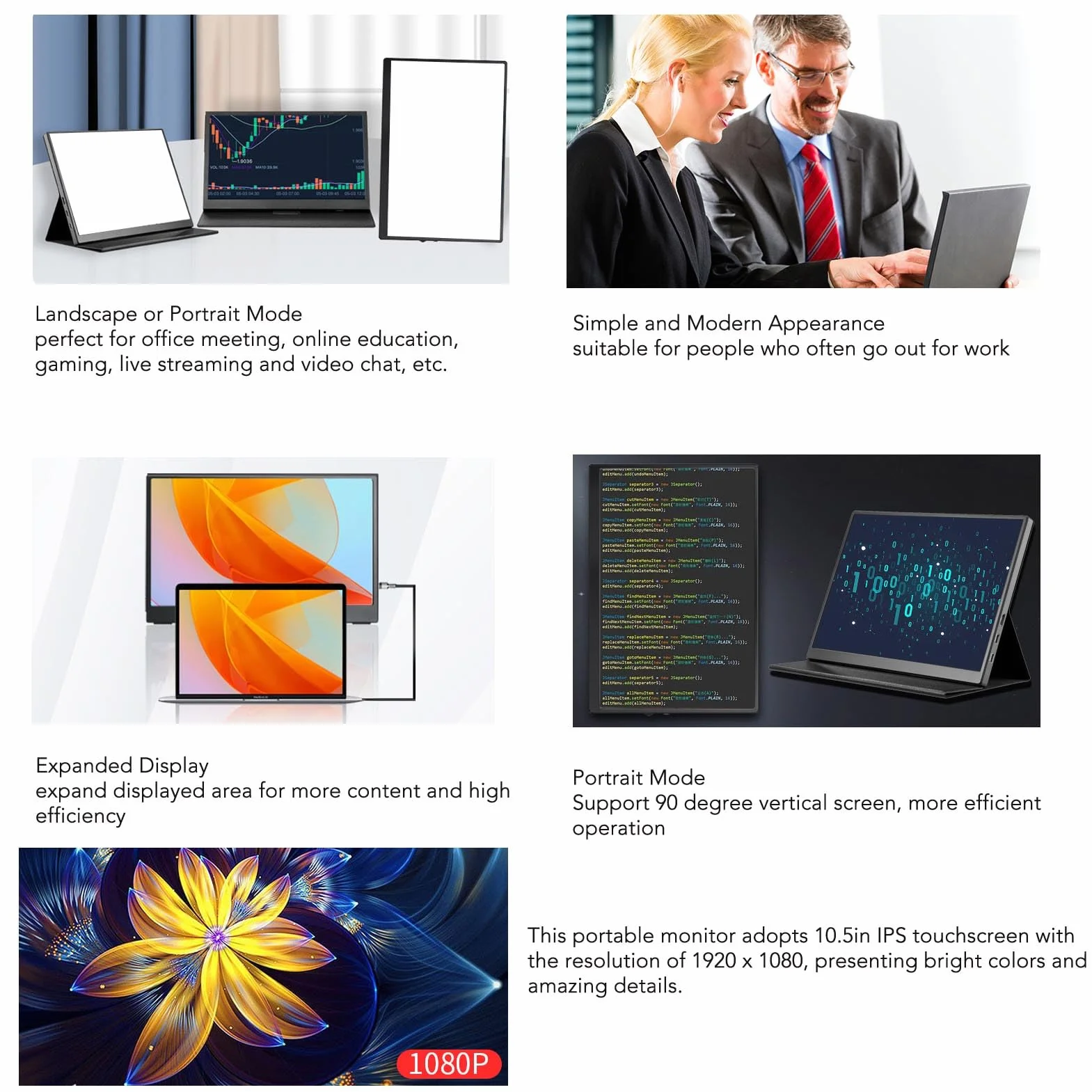 Przenośny Monitor 10,5 Cala, Zewnętrzny Monitor 1080P USB CMonitor do Gier z Ekranem Dotykowym IPS z Etui Ochronnym do Laptopa, Komputera PC, Telefonu, Konsoli PS i Konsoli