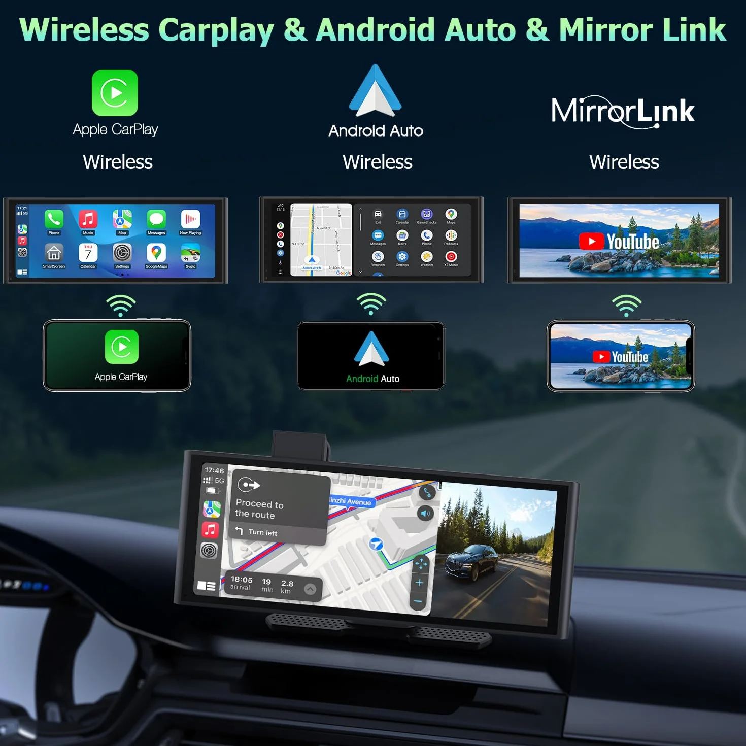 10,26" wyświetlacz CarPlay z kamerą rozdzielczą 4K, Android Auto, kamera cofania 1080p, pamięć 64 GB, Bluetooth