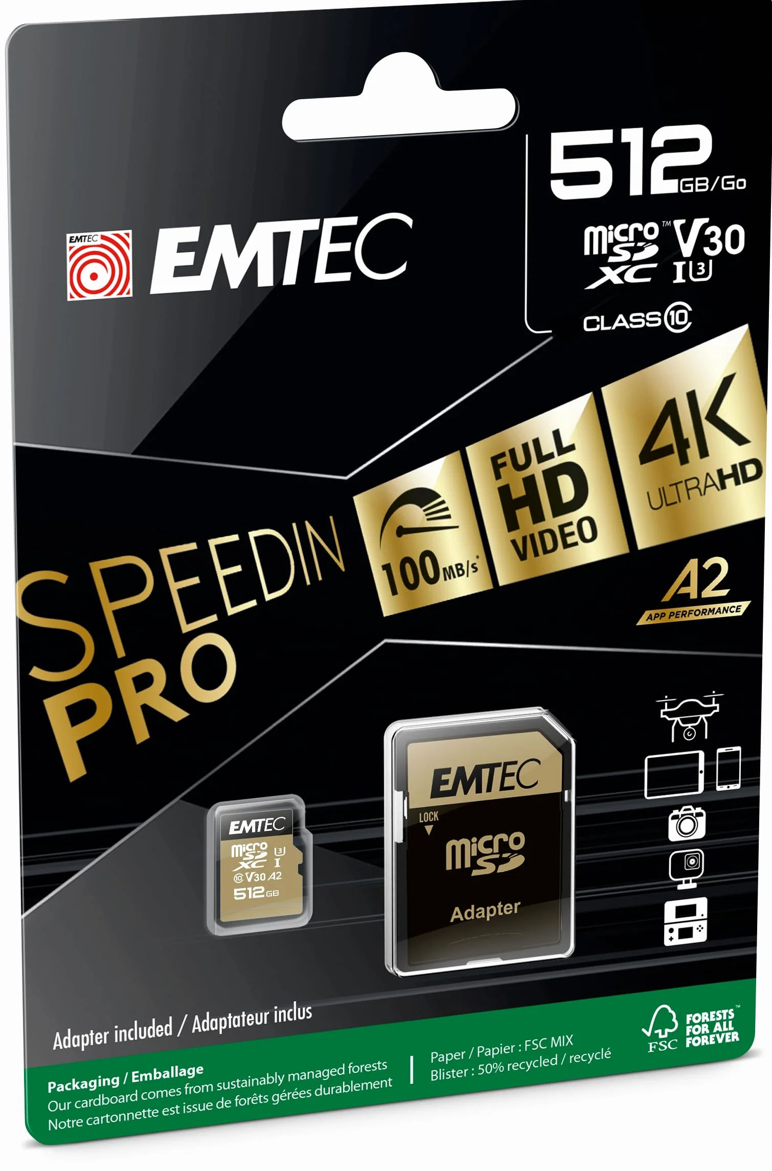 EMTEC ECMSDM64GXC10SP - Karta microSD - Zasięg Speedin - UHS-I U3 - Z adapterem Ultra Performance - Prędkość odczytu do 100MB/s - 512 Gb