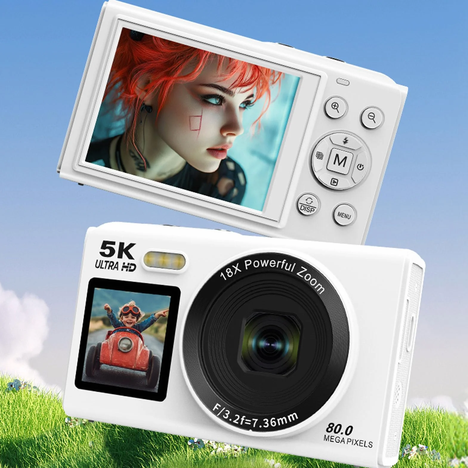 Aparat Cyfrowy, Podwójne Ekrany 5K 80MP, Aparat 2,8 Cala 1,5 Cala, Przenośny Mały Punkt i Fotografuj Aparaty Cyfrowe z 18 -krotnym Zoomem, Akumulator do ładowania Wi -Fi dla (64GB)