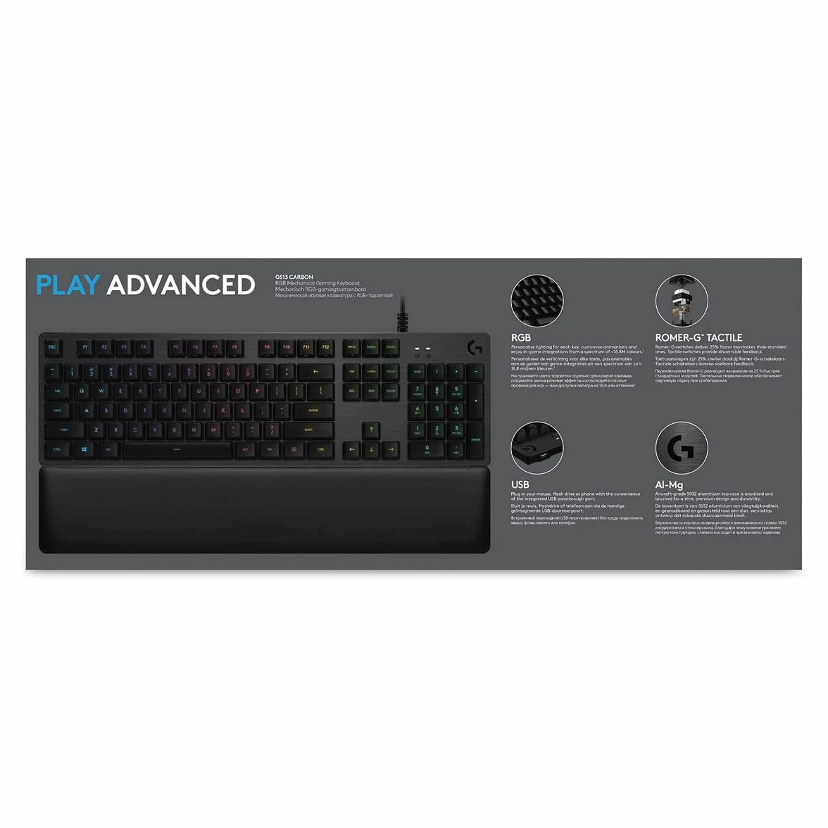 Logitech G 513 mechaniczna klawiatura do gier, przełączniki dotykowe GX-Brown, oświetlenie RGB, pętla USB, podkładka pod nadgarstek z pianką memory, aluminiowa obudowa, francuski układ AZERTY, czarna