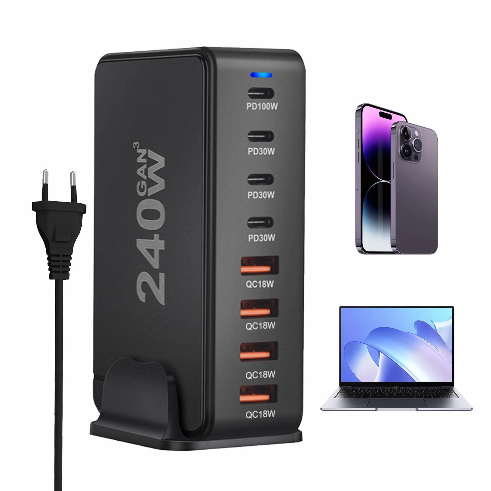 Ładowarka 240 W | 8-portowy adapter do szybkiego ładowania laptopa typu C | Pd QC Ultra szybkie ładowanie zasilacza do laptopa do ładowania