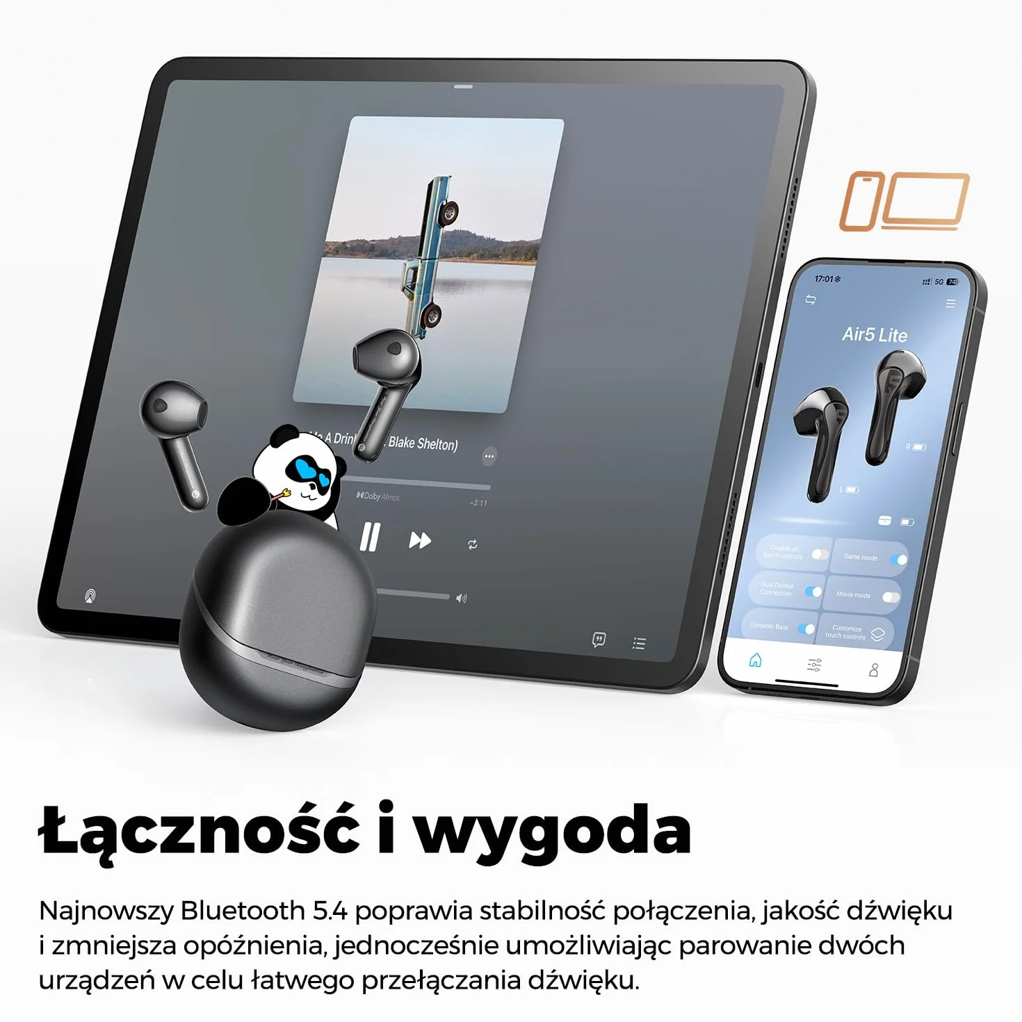 SoundPEATS Air5 Lite Bezprzewodowe słuchawki douszne o wysokiej rozdzielczości, słuchawki Bluetooth 5.4 z 4 mikrofonami, słuchawki LDAC Półuszne dźwięk stereo, 30 godz., Kontrola aplikacji