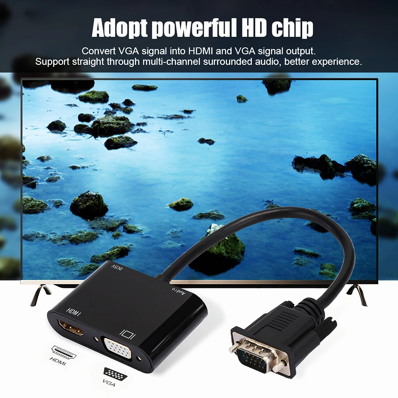 Adapter VGA na HDMI 1080P konwerter z dźwiękiem stereo 3.5 mm do telewizora laptopa monitora
