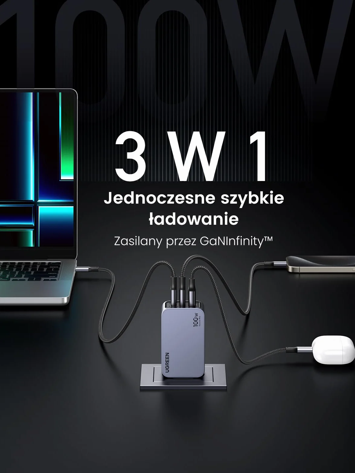 UGREEN Nexode Pro Ładowarka USB-C 100W, Mini GaN Charger, 3 portami | Szybka ładowarka PPS 60 W, kompaktowa i przenośna, kompatybilna z MacBook Pro/Air/Neo, iPadem, iPhonem 17, Galaxy S26 Ultra