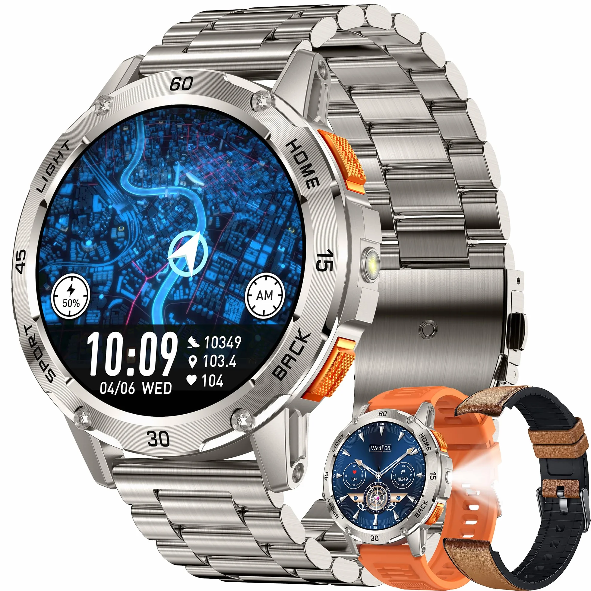 Wojskowy inteligentny zegarek (odbieranie/nawiązywanie połączeń) dla mężczyzn, smartwatch 1,53" do Androida i iPhone'a, monitor fitness IP68 z latarką/kompasem/pomiarem tętna/snem/100+ trybami