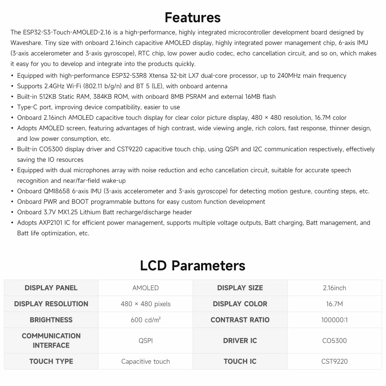 Waveshare ESP32-S3 2.16inch AMOLED Display Development Board, 480 x 480 Resolution, 16.7M Color, Supports Dual Microphones, 2.4GHz Wi-Fi And BLE 5, No Batt