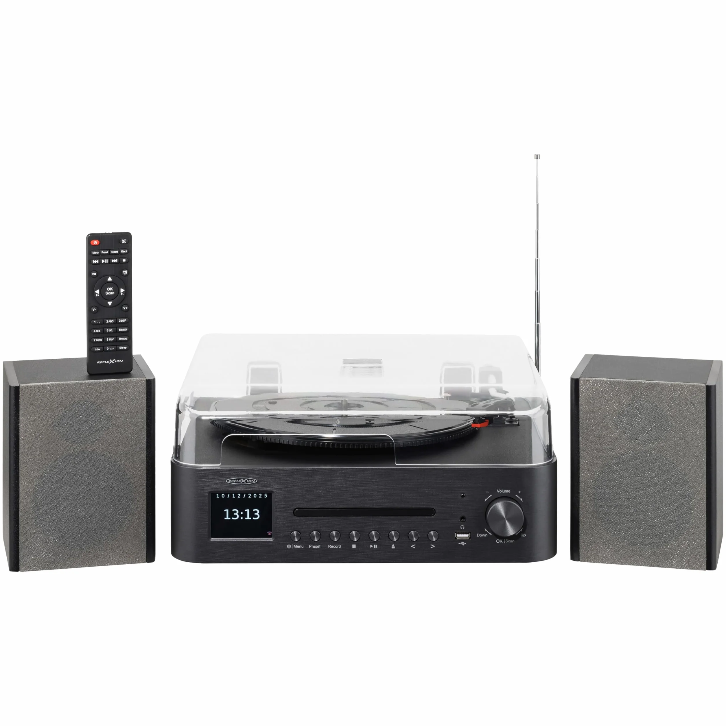 Reflexion Gramofon z głośnikiem i wi-fi; retro system HiFi z DAB+, radio internetowe, Bluetooth, CD, nagrywanie MP3 USB, kolorowy wyświetlacz, budzik i timer snu – kompletny system z pilotem zdalnego