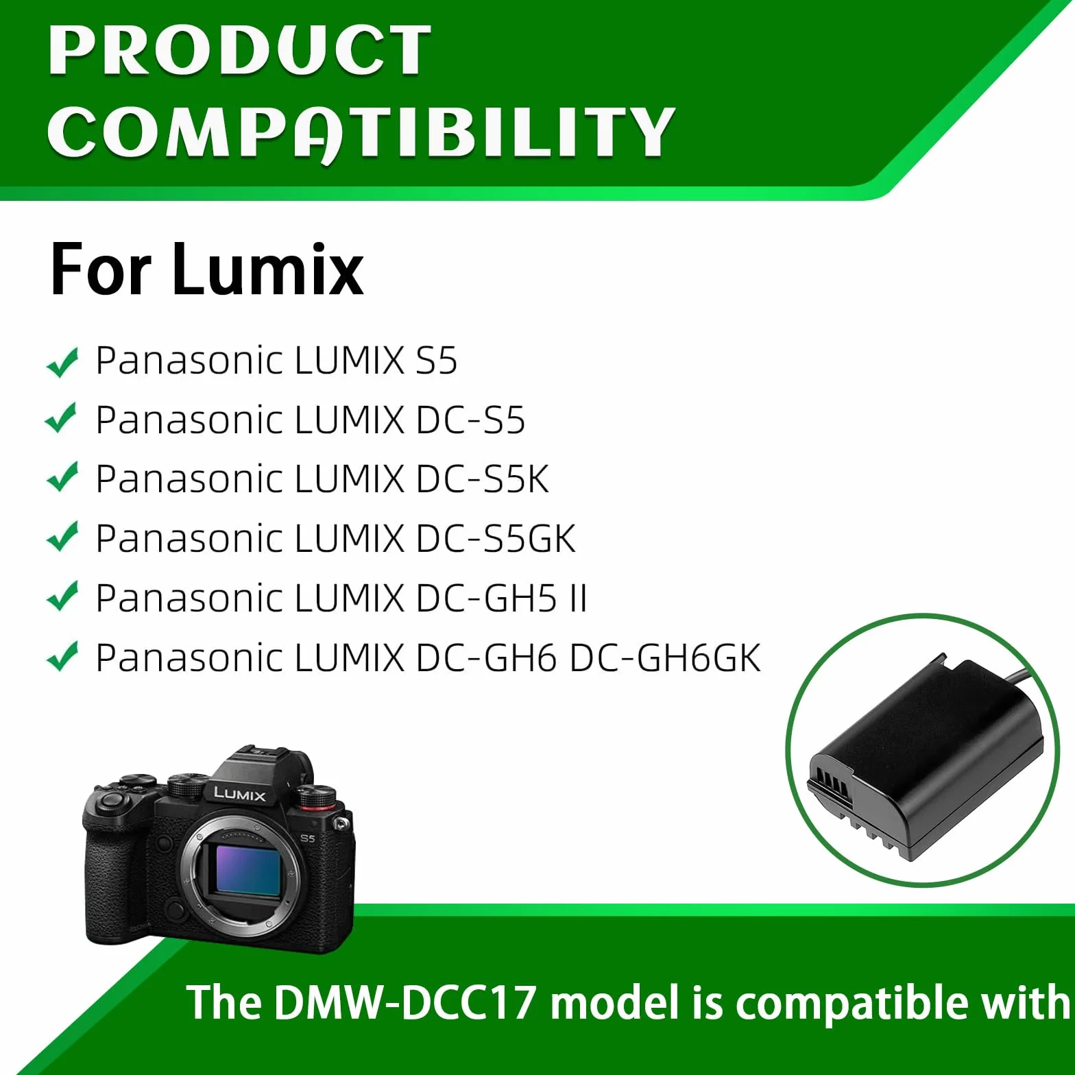 DMW-DCC17 DMW-BLK22 adapter sieciowy do kamery Dummy zestaw zasilania baterii kompatybilny z aparatami Panasonic LUMIX S5 DC-S5 DC-S5K DC-S5GK GH5 II GH6 uchwyt baterii DMW-BGS5
