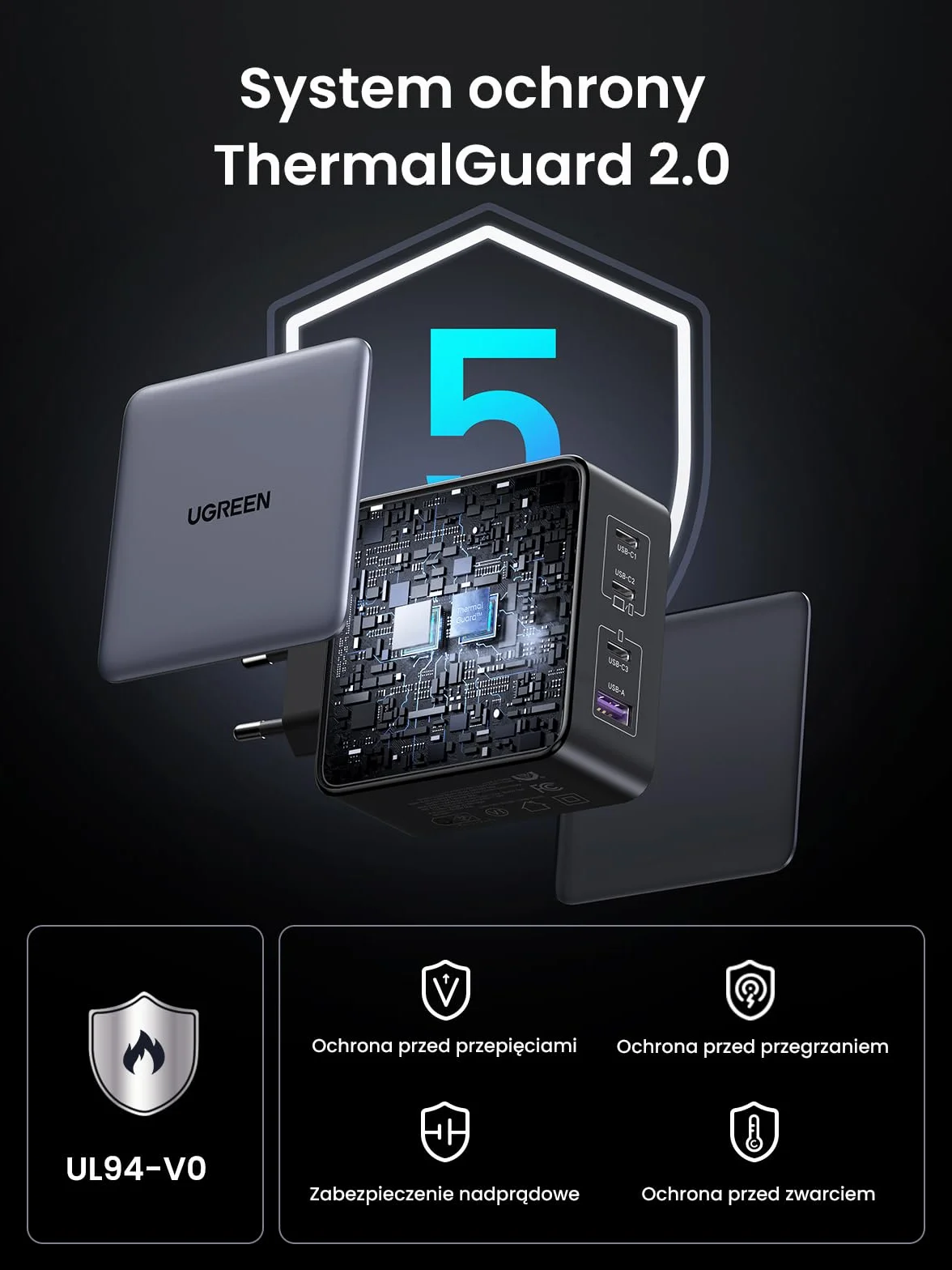 UGREEN Ładowarka USB-C, Nexode X 160W PD 3.1 Zasilacz 140W GaN Ładowarka 4-portowa Szybka ładowarka PPS 45W Kompatybilna z MacBook Pro 16" 2021, iPhone 16 Pro Max, Galaxy S24 Ultra, Vision Pro