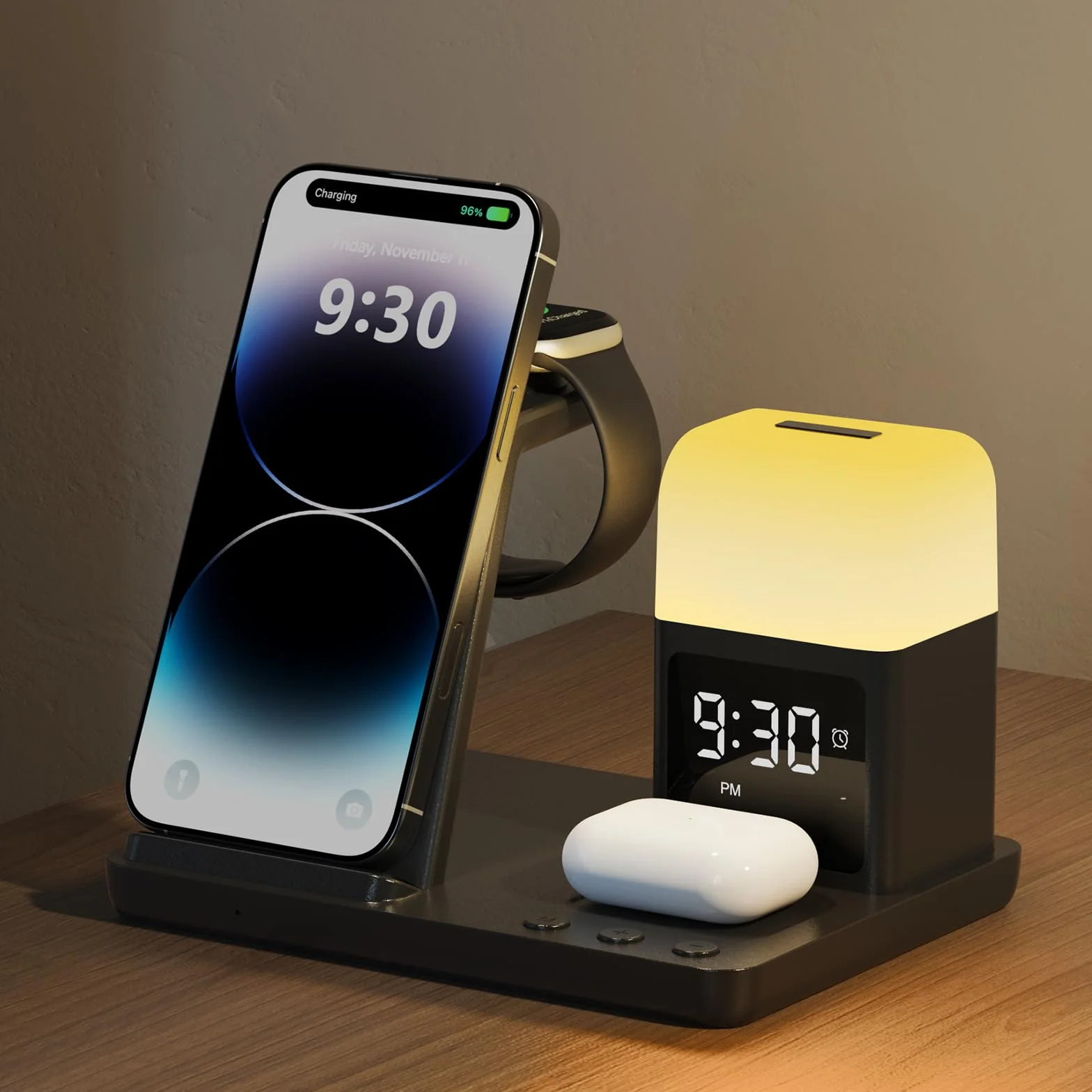 Bezprzewodowa stacja ładująca budzik z 8 dotykowymi lampkami nocnymi: bezprzewodowa ładowarka 5 w 1 do urządzeń Apple - stacja ładująca do iPhone'a 17 16 15 14 13 12 Pro Max Plus/Apple Watch/AirPods