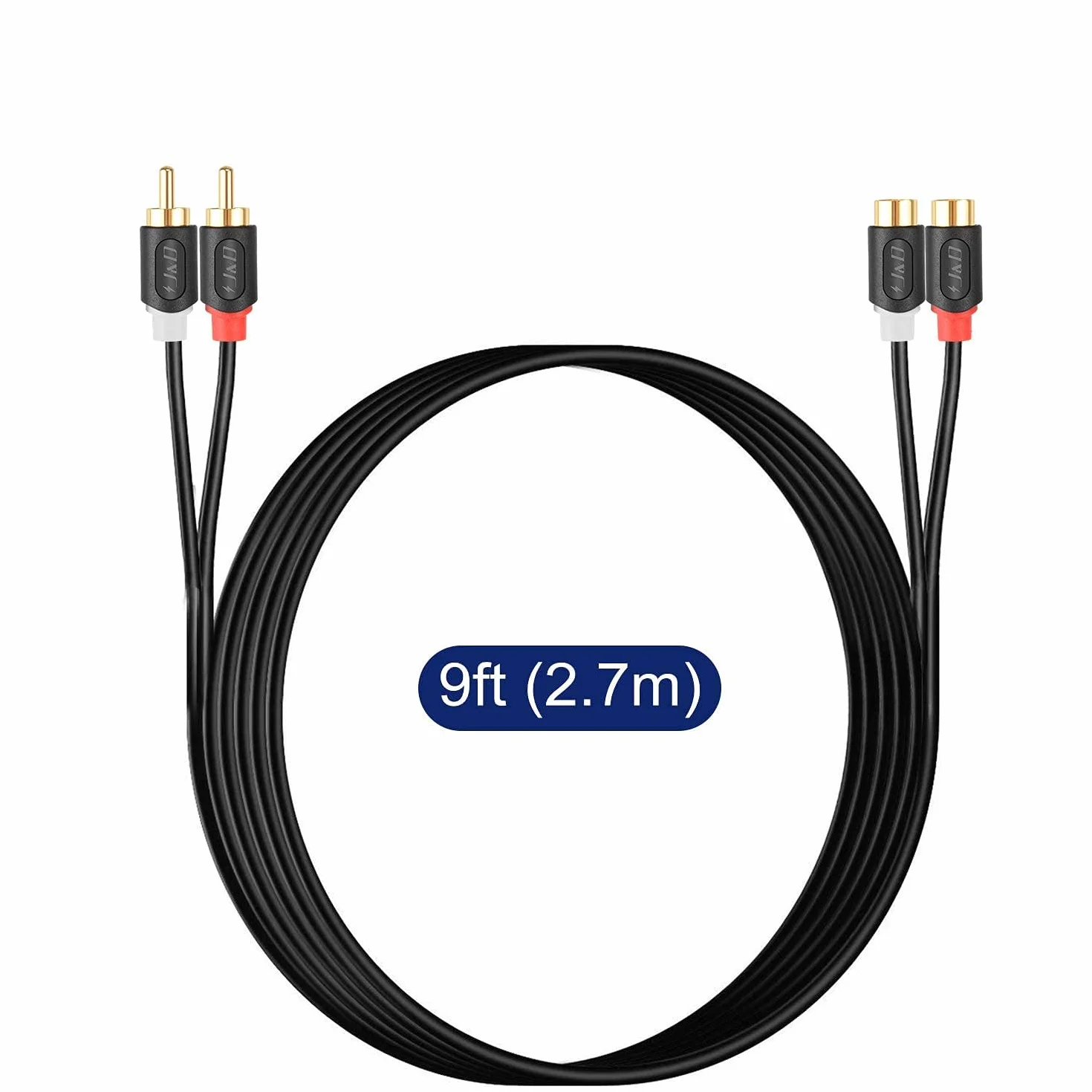 J&D Przedłużacz RCA, pozłacany kabel audio z serii 2, męski na żeński kabel audio stereo do głośnika, wzmacniacza, miksera, telewizora, 2,7 m