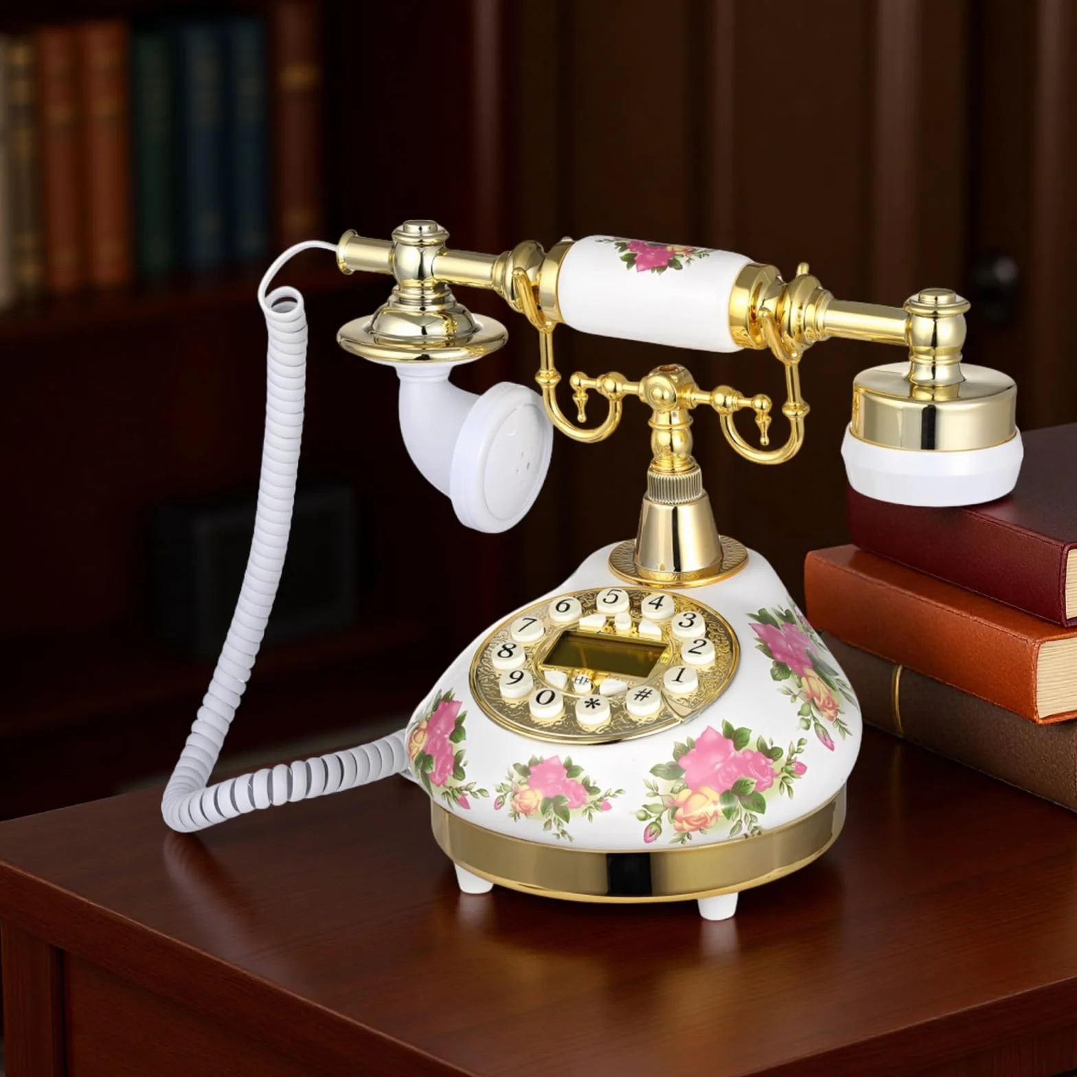 Antyczny ceramiczny telefon stacjonarny, telefon stacjonarny z nadrukiem kwiatowym, staromodny telefon z przyciskowym wyświetlaczem LCD, dzwonek z regulacją głośności telefonu stacjonarnego retro