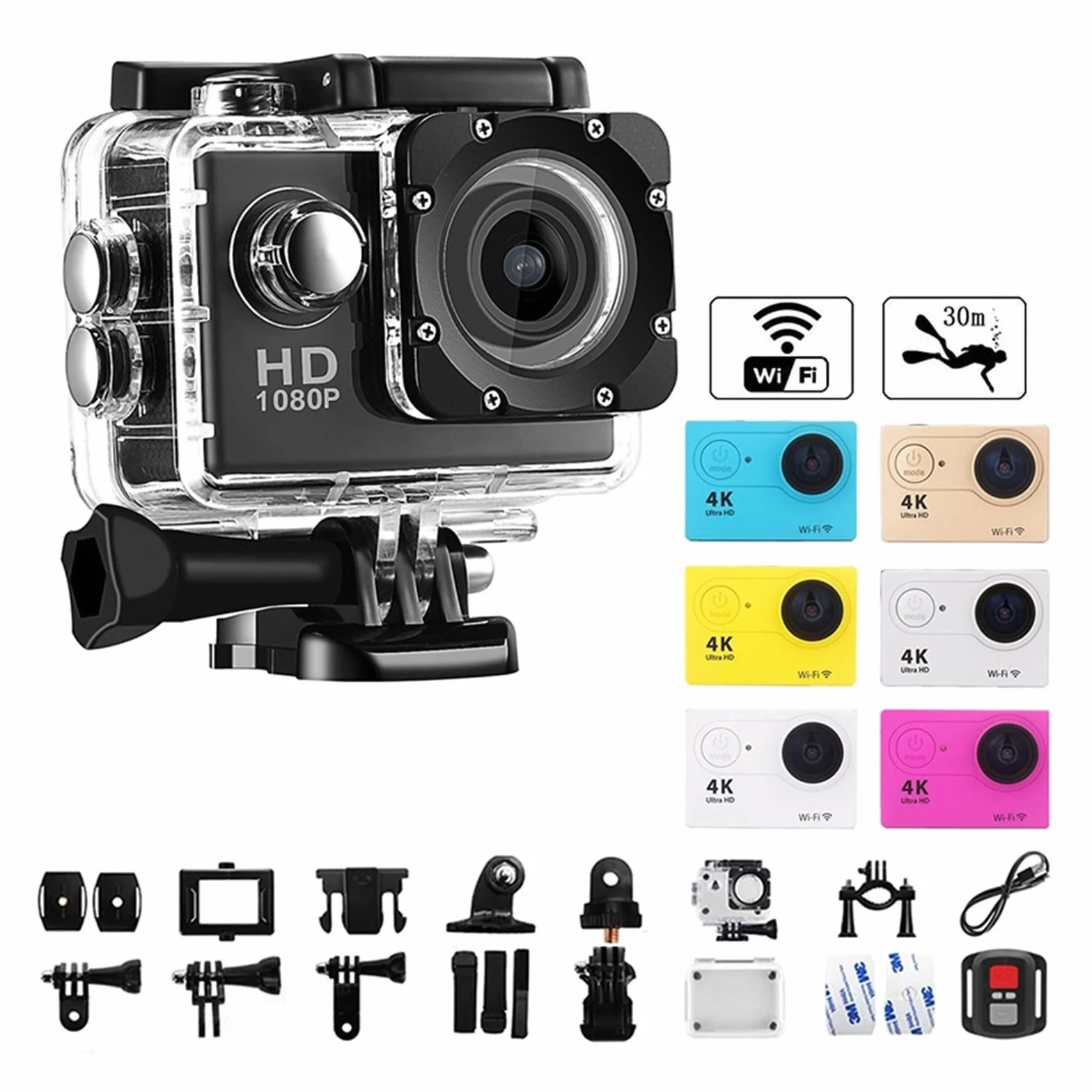 Kamera sportowa ze stabilizacją obrazu, Wodoodporna kamera akcji 4K Ultra HD 4K Kamera akcji 1080P / 30fps 2,0-calowy ekran 170D Wysoka liczba klatek na sekundę Stabilna wydajność(32G Card,Wit)