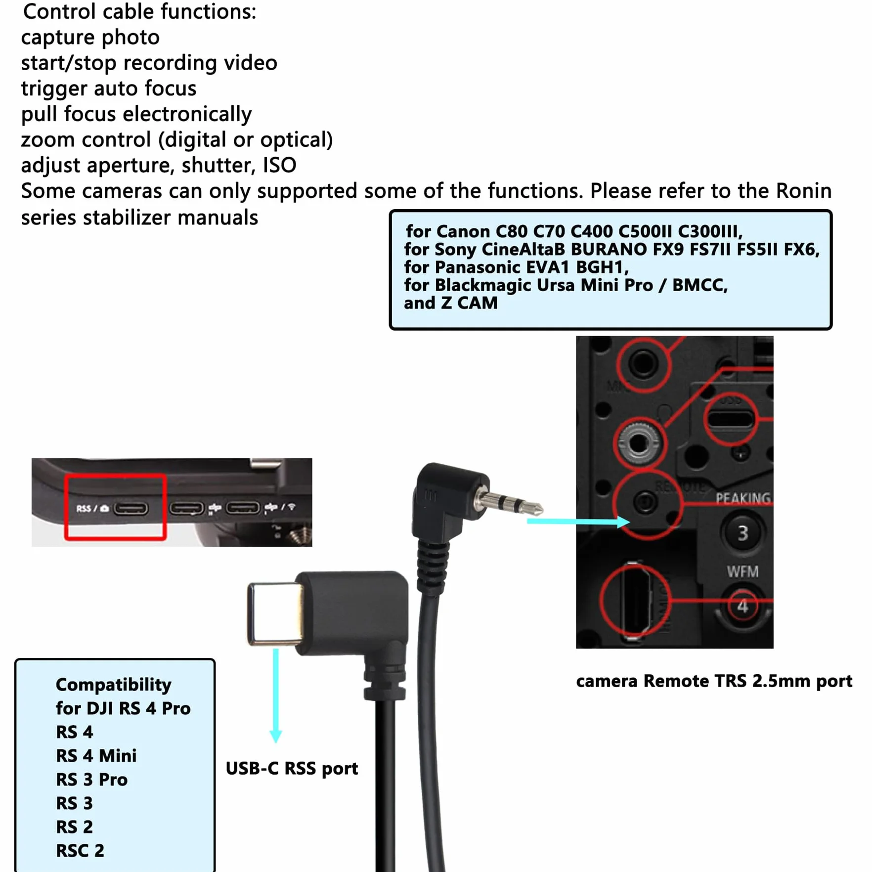 HangTon Kabel sterujący do nagrywania DJI RS2/3/4 Pro, Focus Pro Grip do Sony CineAltaB FX9 FX6, Canon C80, BMD URSA Mini Pro, Panasonic EVA1 BGH1, Z CAM, USB-C do LANC 2,5 mm, 30 cm