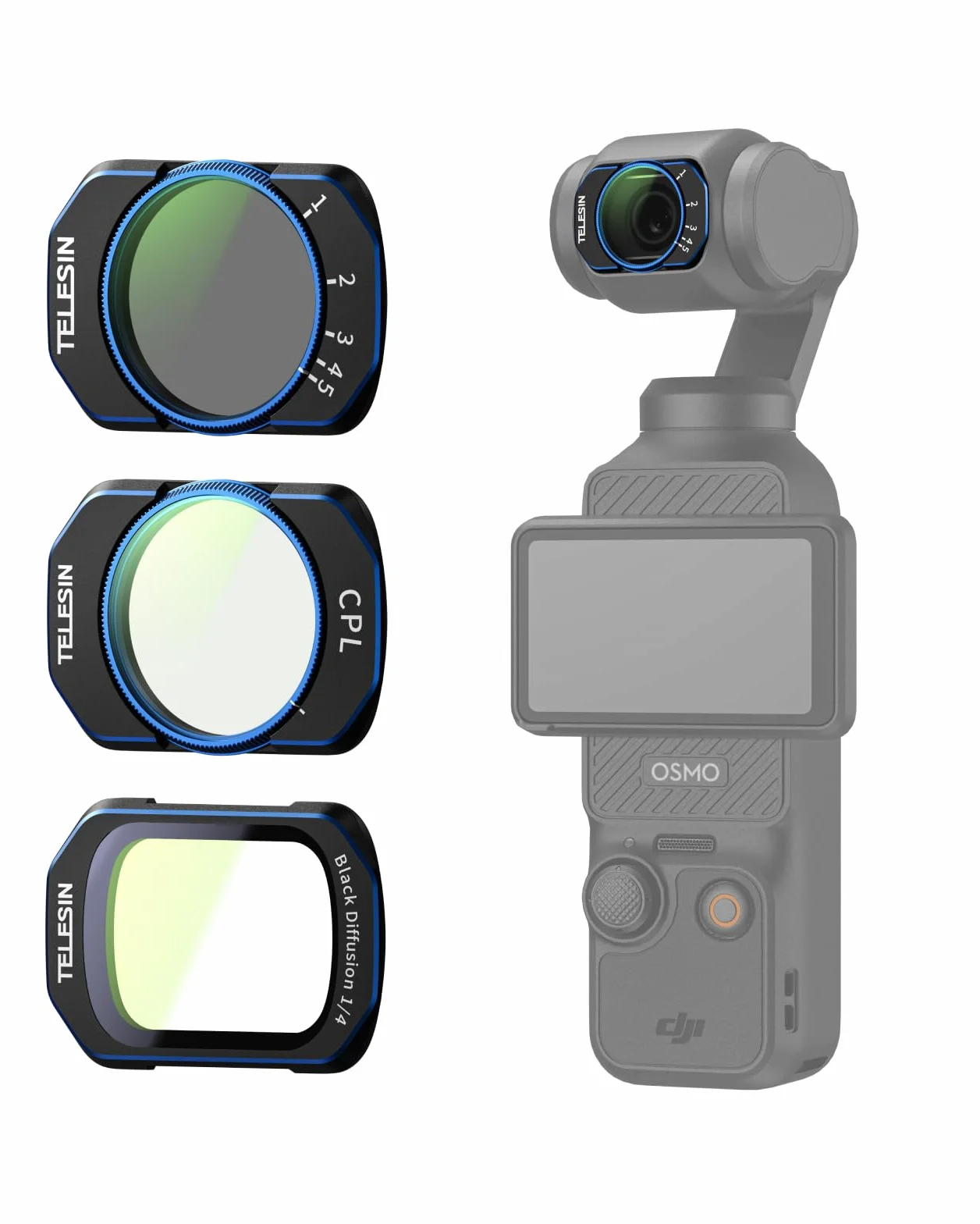 TELESIN Zestaw filtrów magnetycznych do DJI Osmo Pocket 4/3 & Xtra Muse, filtry VND+CPL+1/4 Black Mist, filtry 2mm Ultra-Thin Variable ND 2–32/Polarizing/Black Diffusion 1/4 z etui do przechowywania